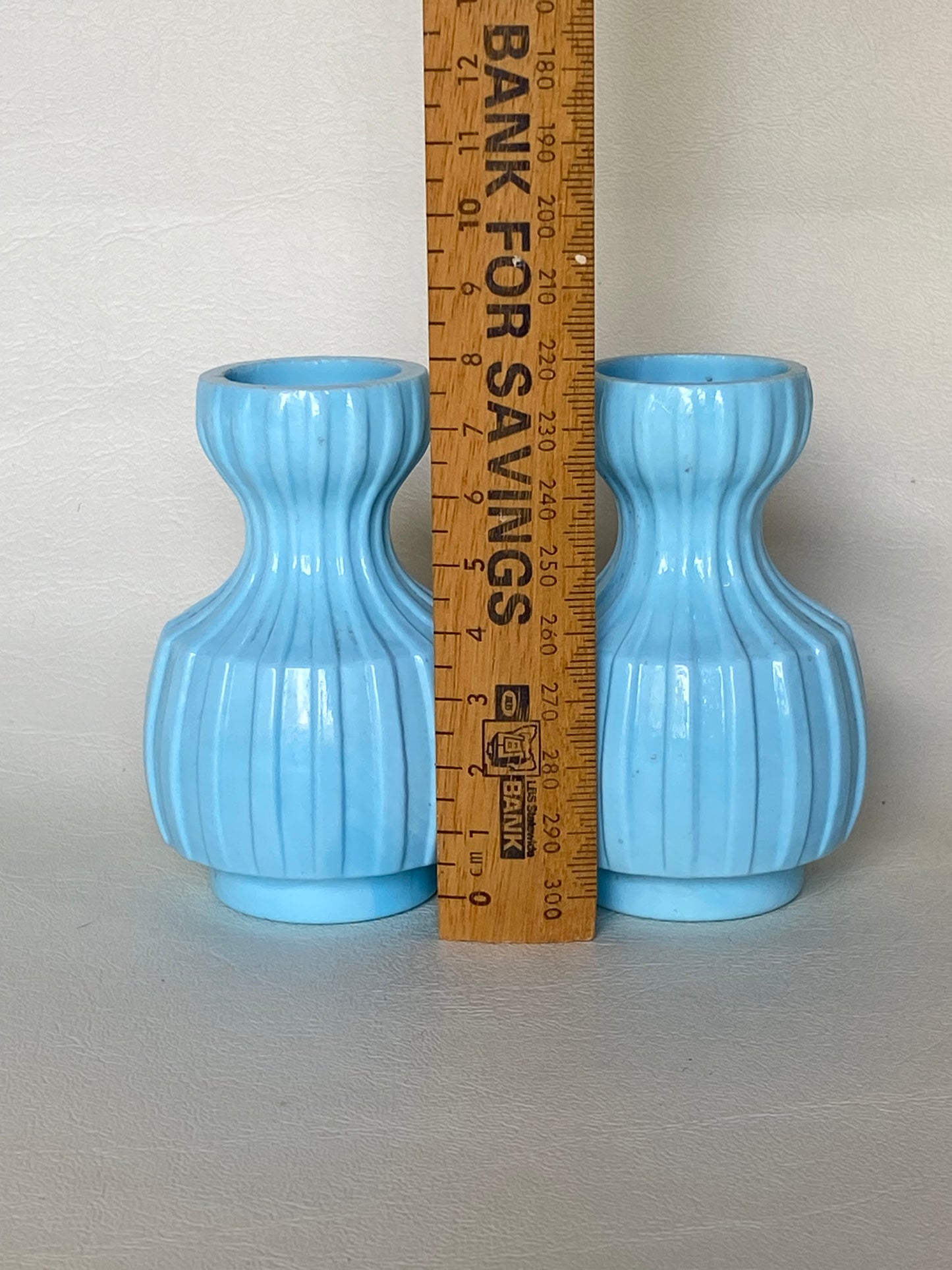 Antique 2 small blue milk glass bud vases