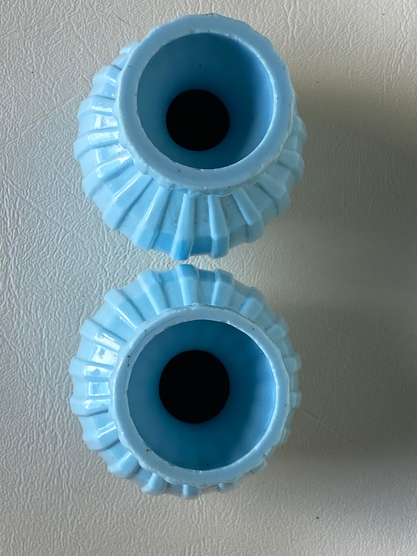 Antique 2 small blue milk glass bud vases