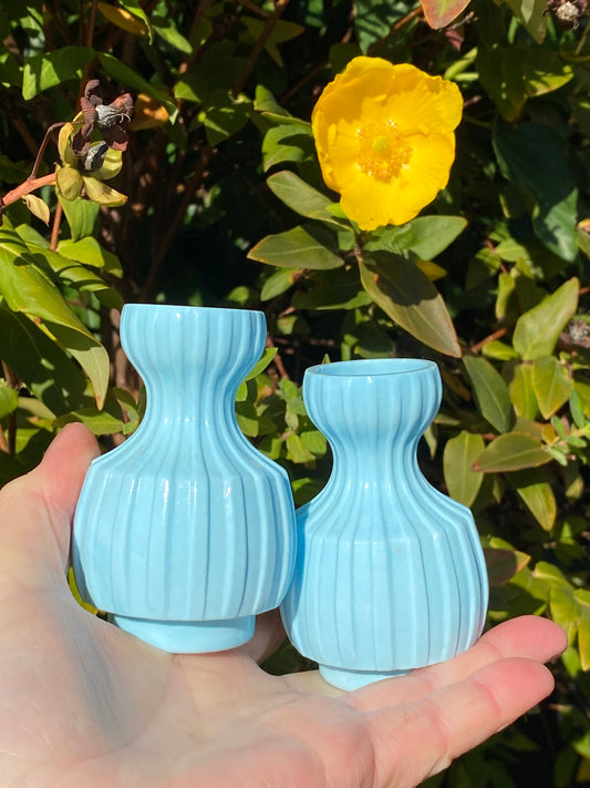 Antique 2 small blue milk glass bud vases