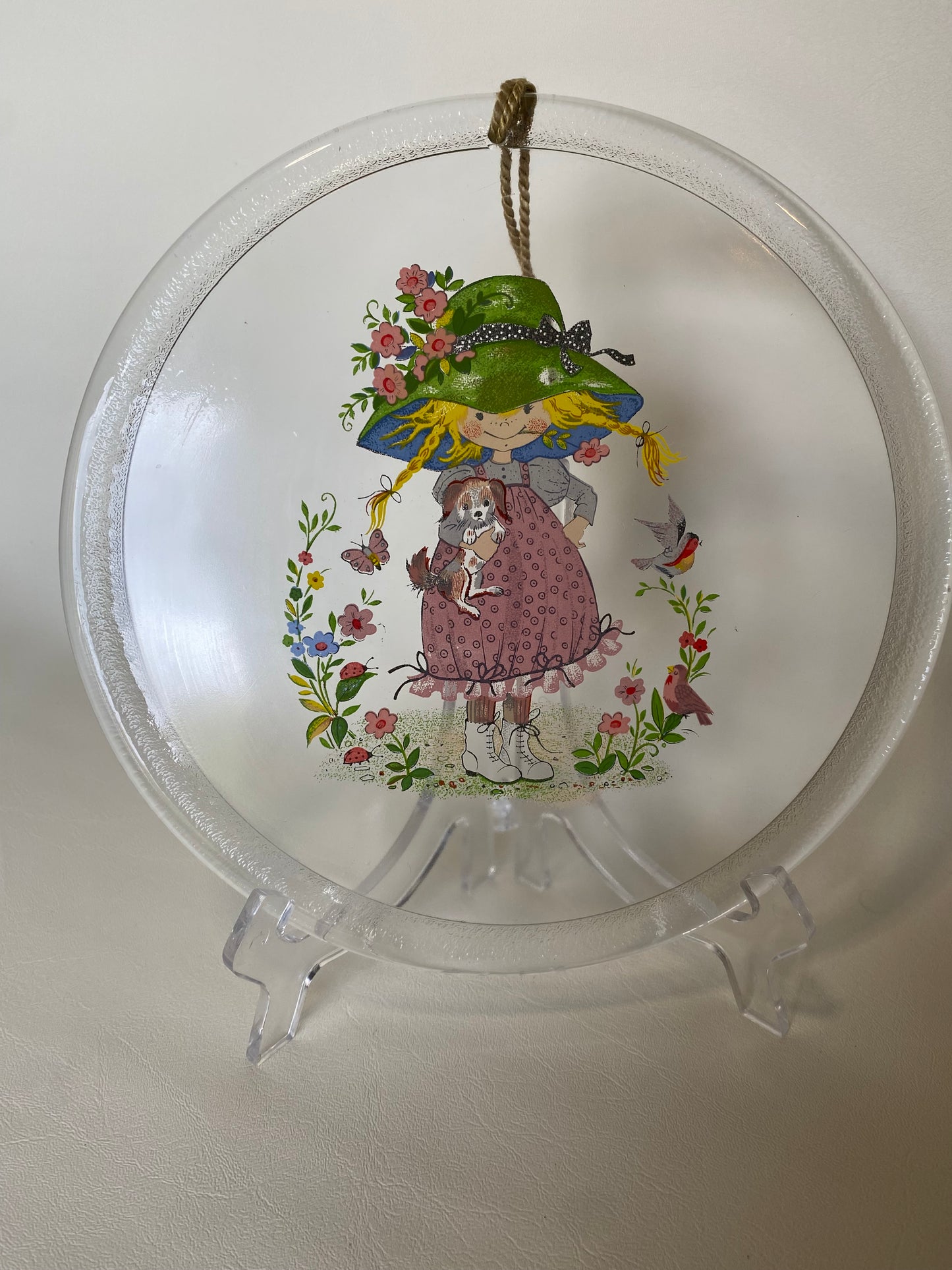 Holly Hobbie (?) 1970s Glass Wall Trivet
