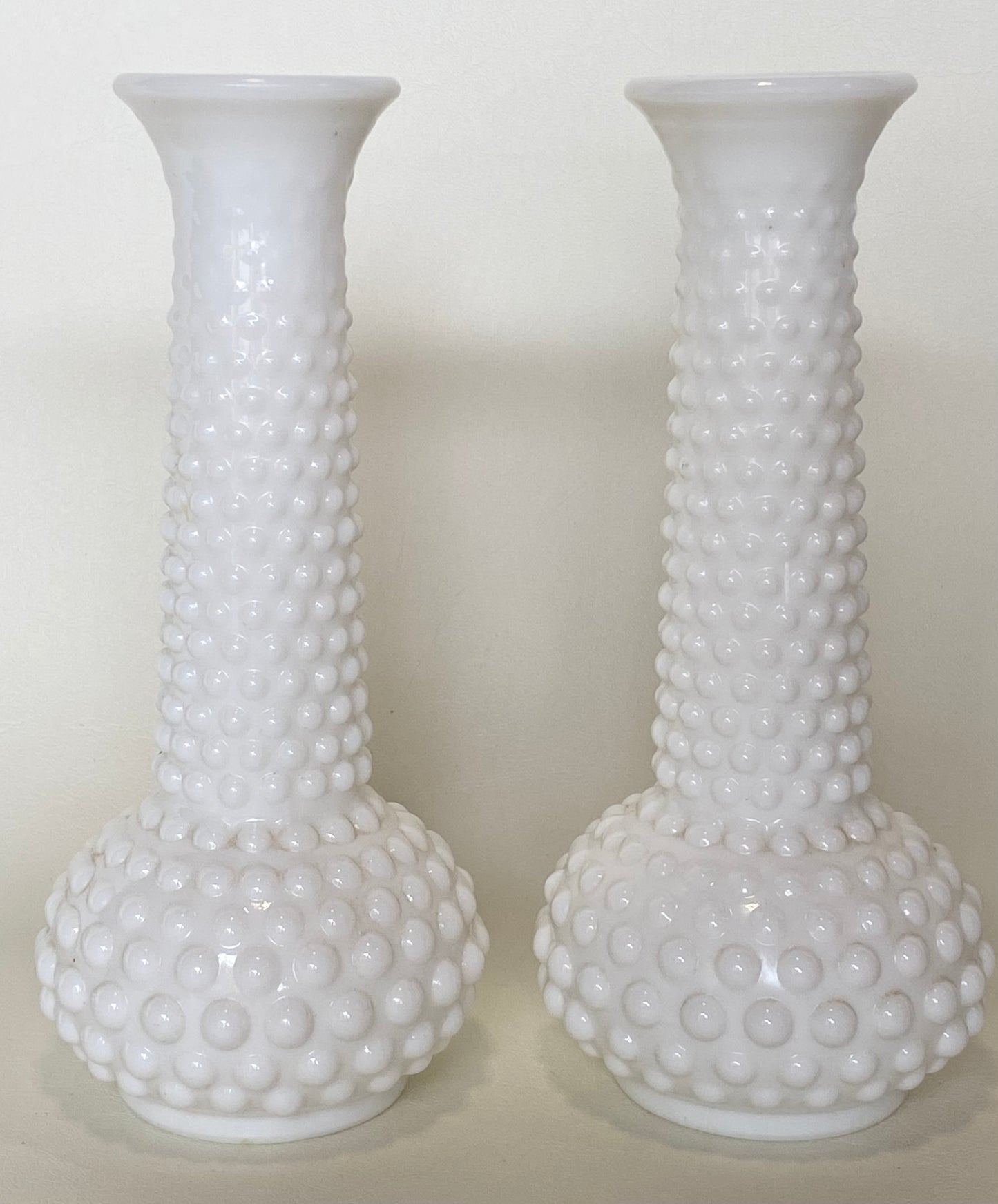 Vintage E.O. Brody Co. USA white milk glass vases / hobnail pattern