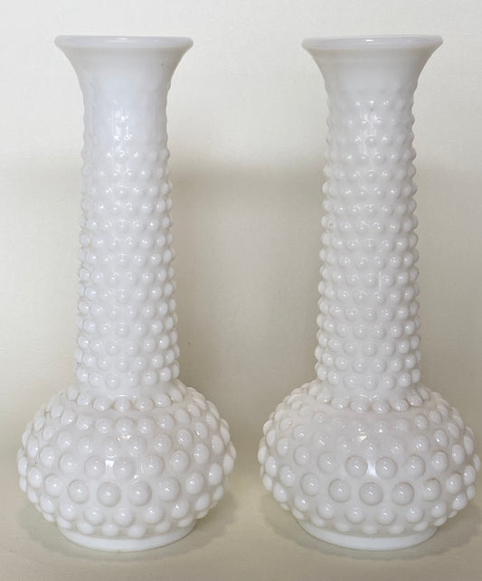 Vintage E.O. Brody Co. USA white milk glass vases / hobnail pattern
