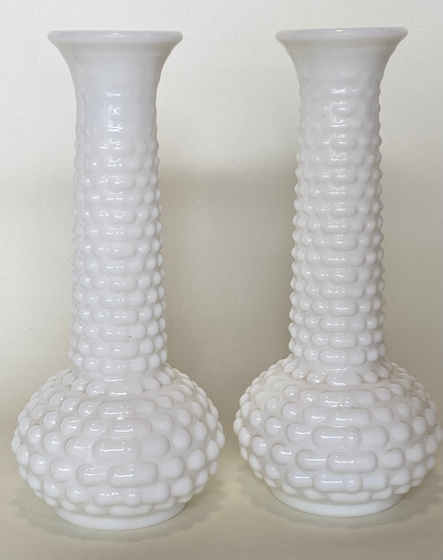 Vintage E.O. Brody Co. USA white milk glass vases / hobnail pattern