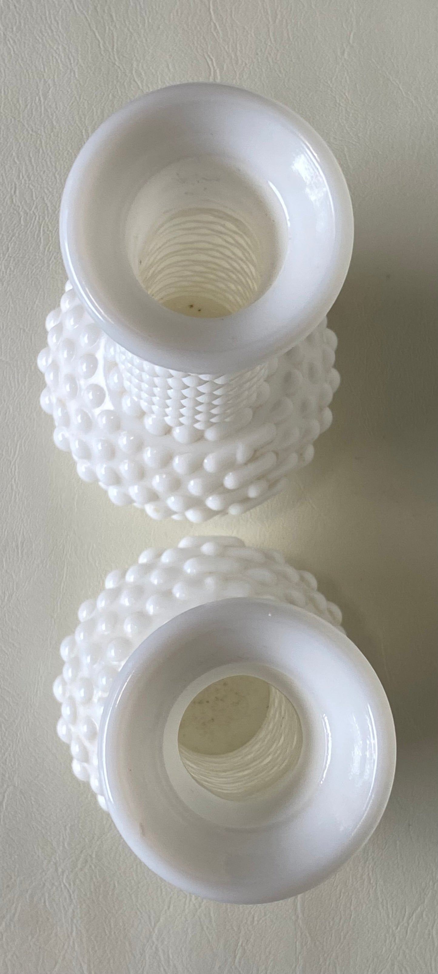 Vintage E.O. Brody Co. USA white milk glass vases / hobnail pattern