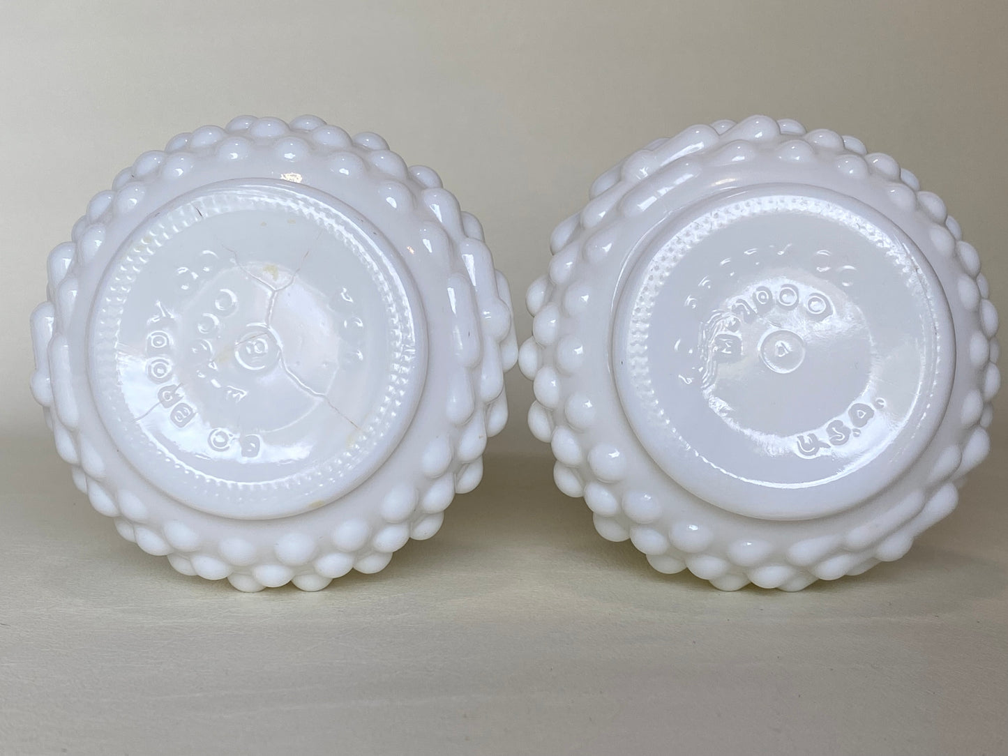 Vintage E.O. Brody Co. USA white milk glass vases / hobnail pattern