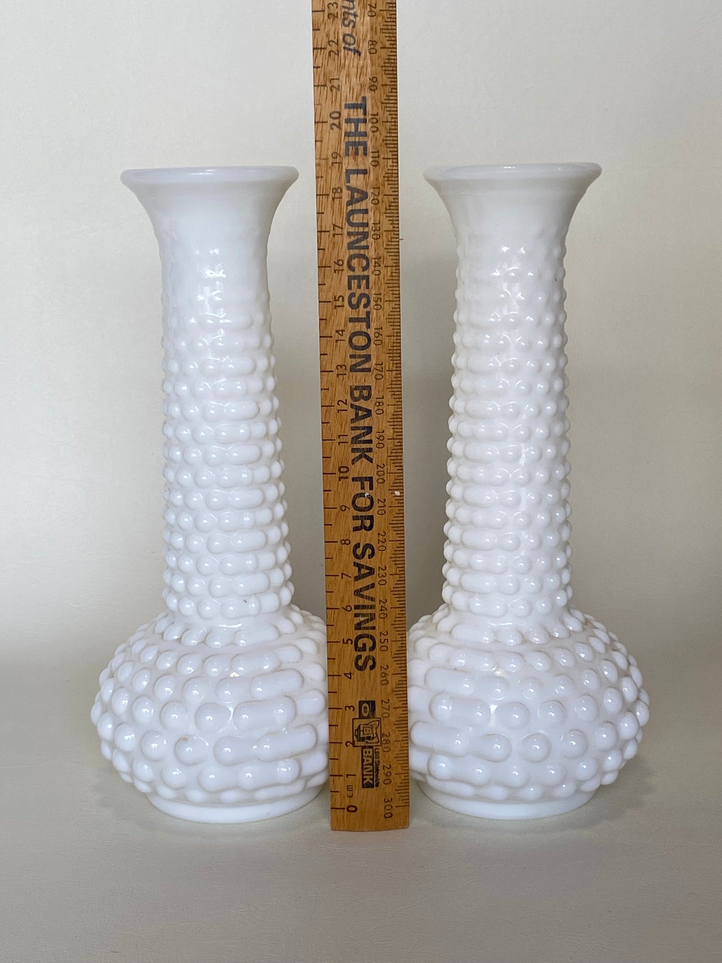 Vintage E.O. Brody Co. USA white milk glass vases / hobnail pattern