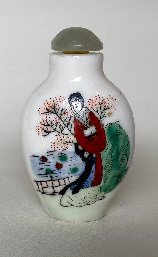 Antique Chinese ceramic Snuff Bottle with Jade Lid