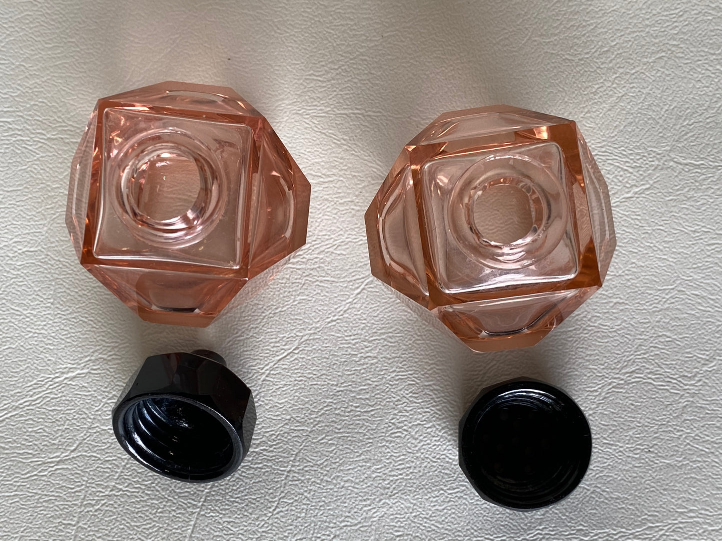 Depression glass (Pink) salt and pepper shakers - Crown Crystal Australia