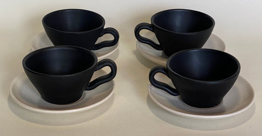 1960s Raynham Australia black and white glazed pottery demitasse cups and saucers