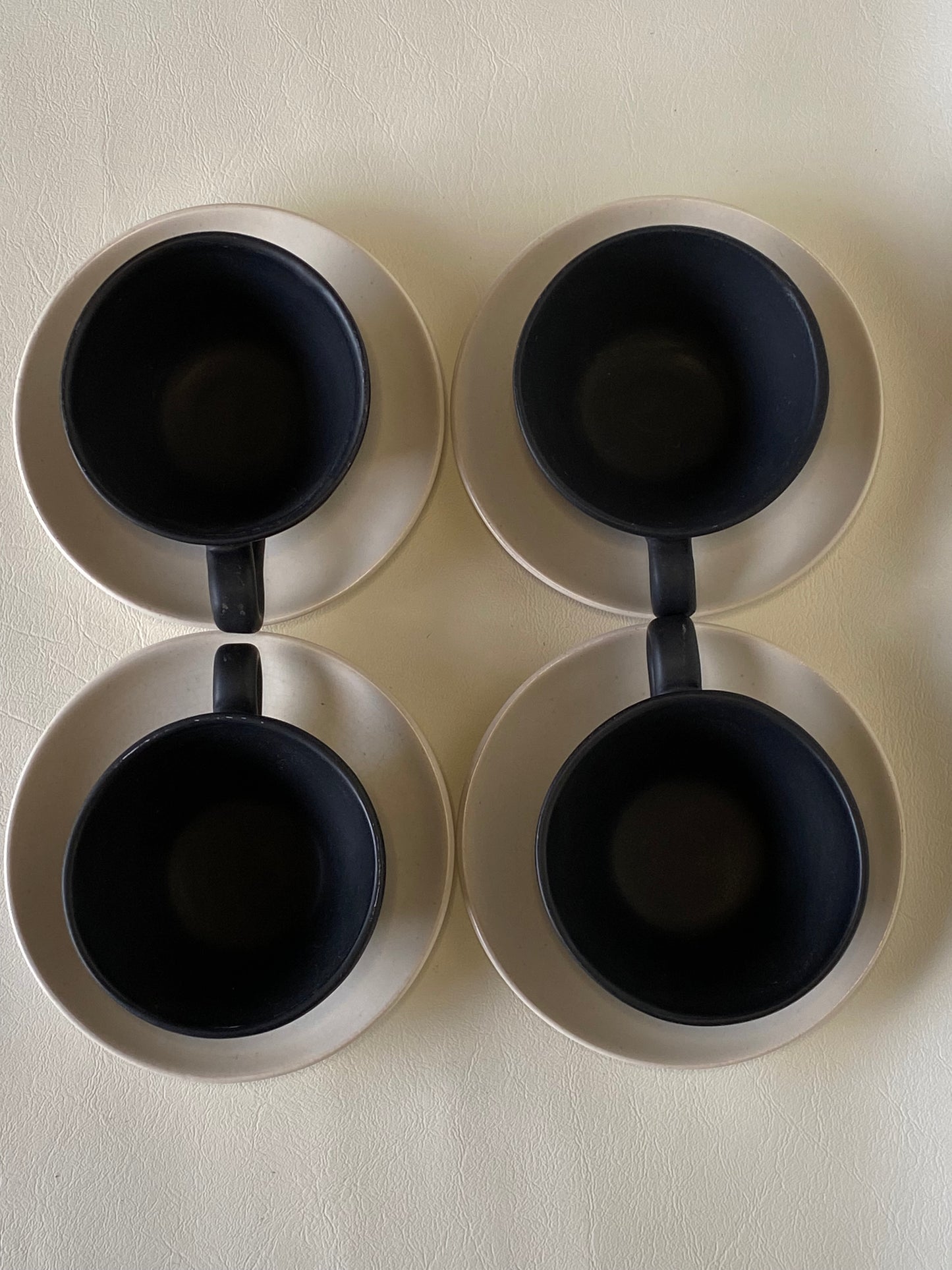 1960s Raynham Australia black and white glazed pottery demitasse cups and saucers