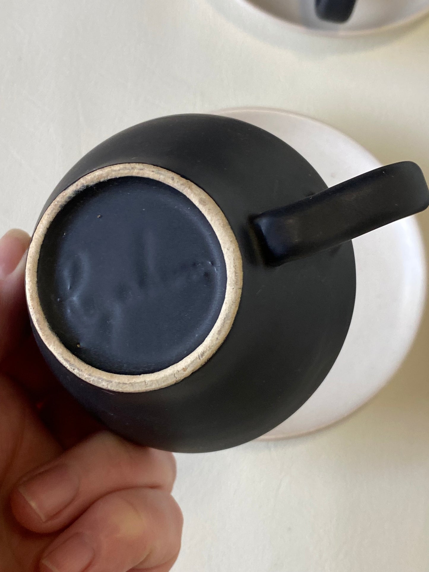 1960s Raynham Australia black and white glazed pottery demitasse cups and saucers