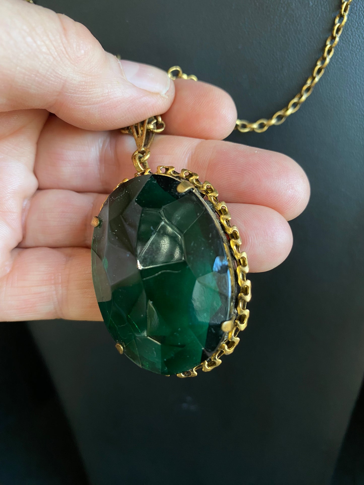 Vintage necklace with green glass pendant