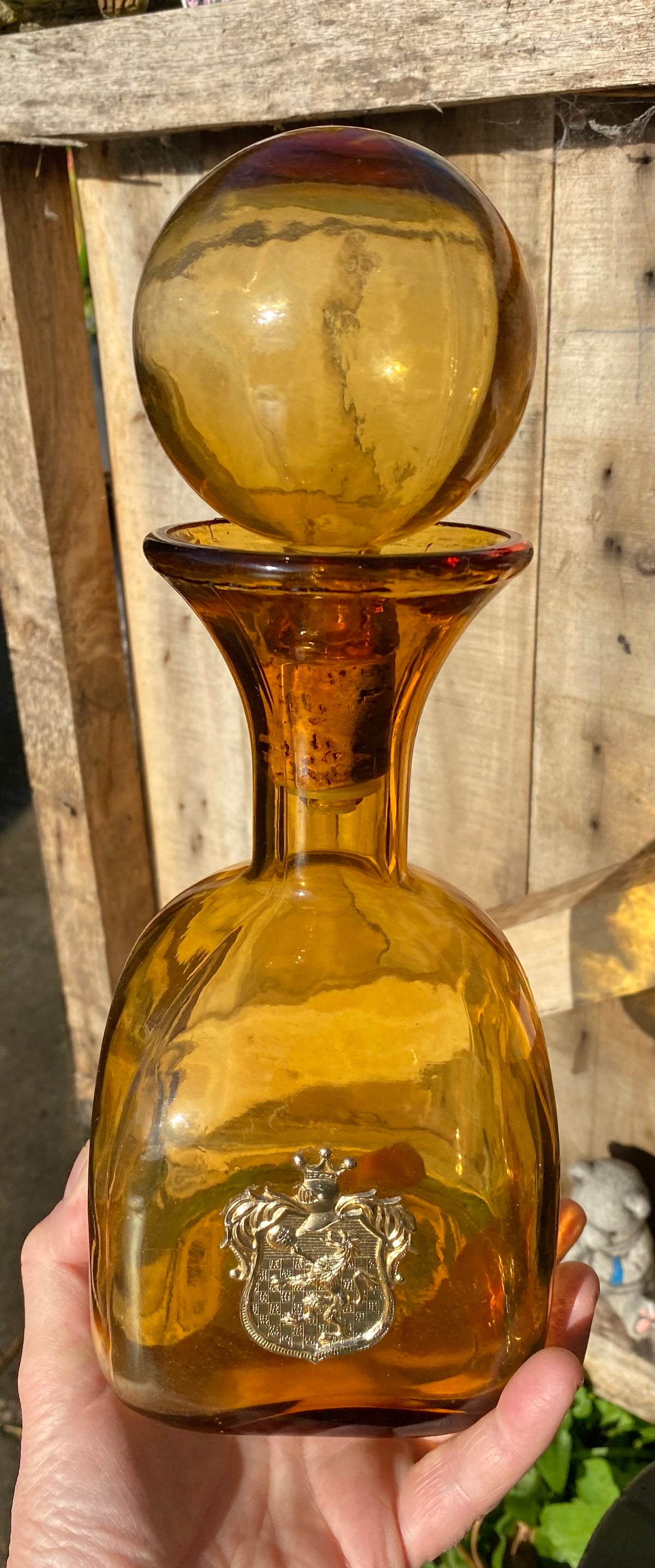AMBER Vintage 1960s Mid-Century Italian Empoli Glass Decanter with Ball Stopper
