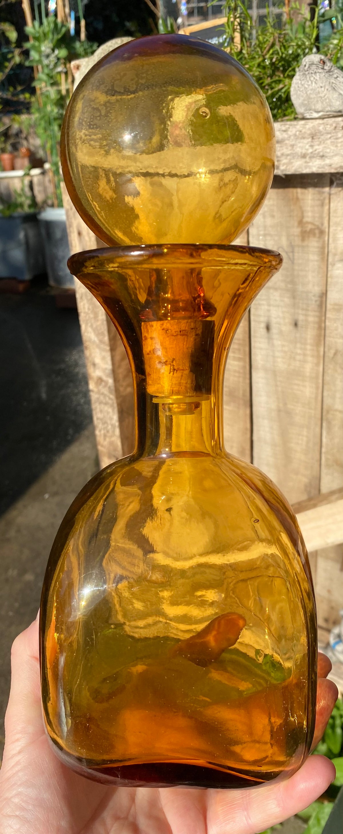AMBER Vintage 1960s Mid-Century Italian Empoli Glass Decanter with Ball Stopper