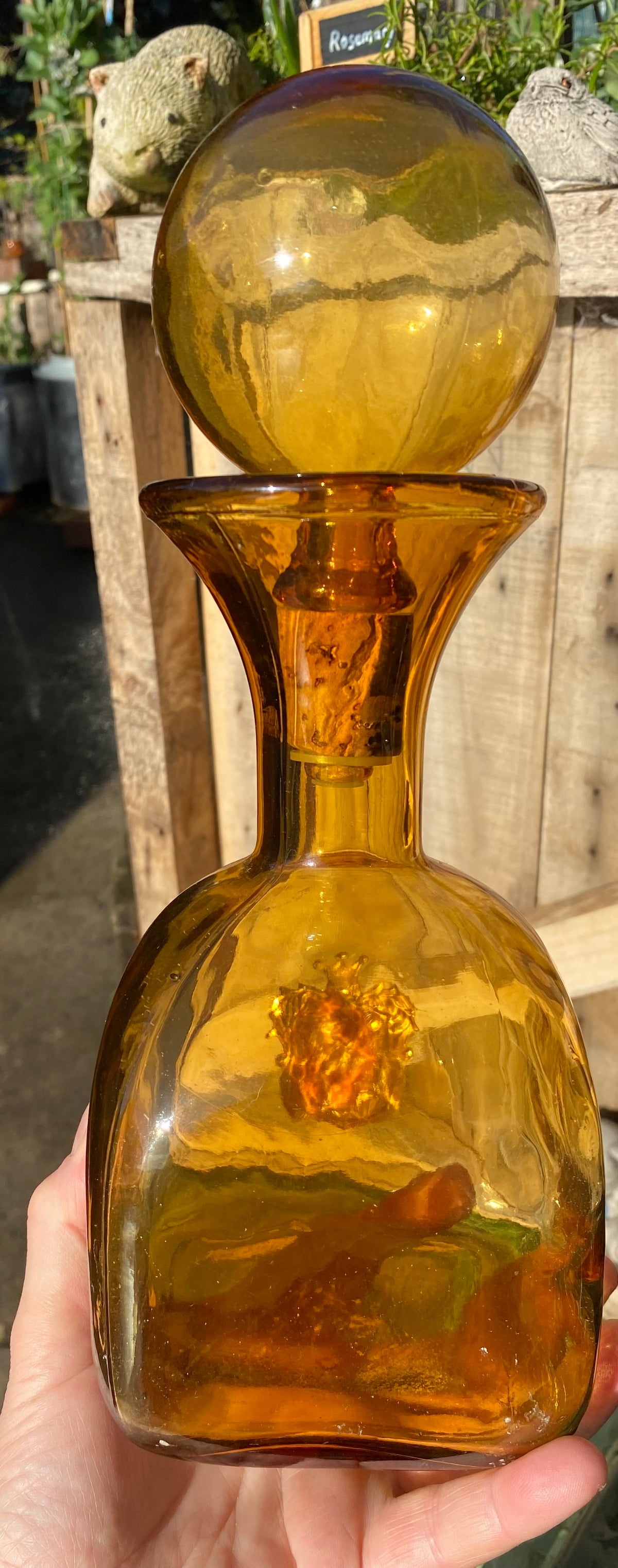 AMBER Vintage 1960s Mid-Century Italian Empoli Glass Decanter with Ball Stopper