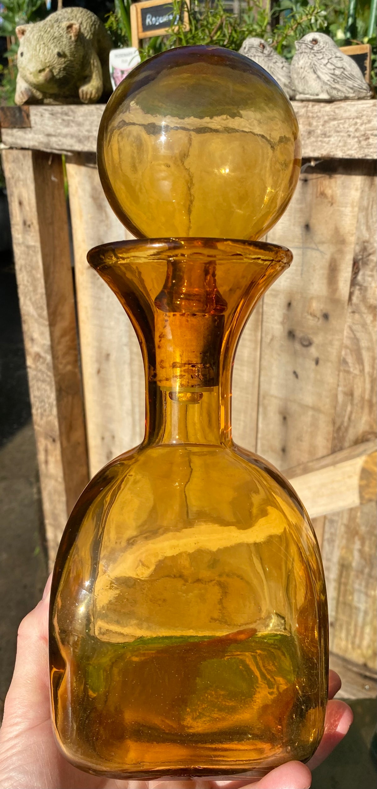 AMBER Vintage 1960s Mid-Century Italian Empoli Glass Decanter with Ball Stopper