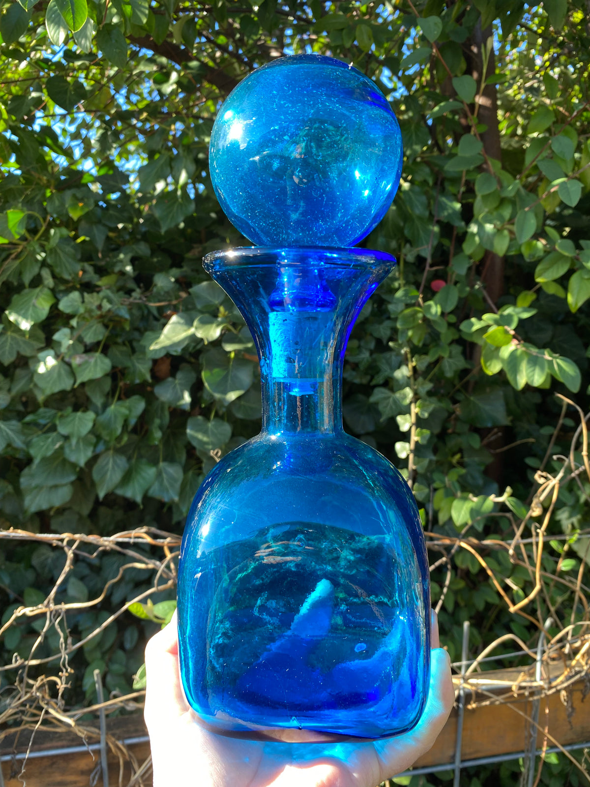 BLUE Vintage Mid-Century Empoli Italian Glass Decanter with Ball Stopper