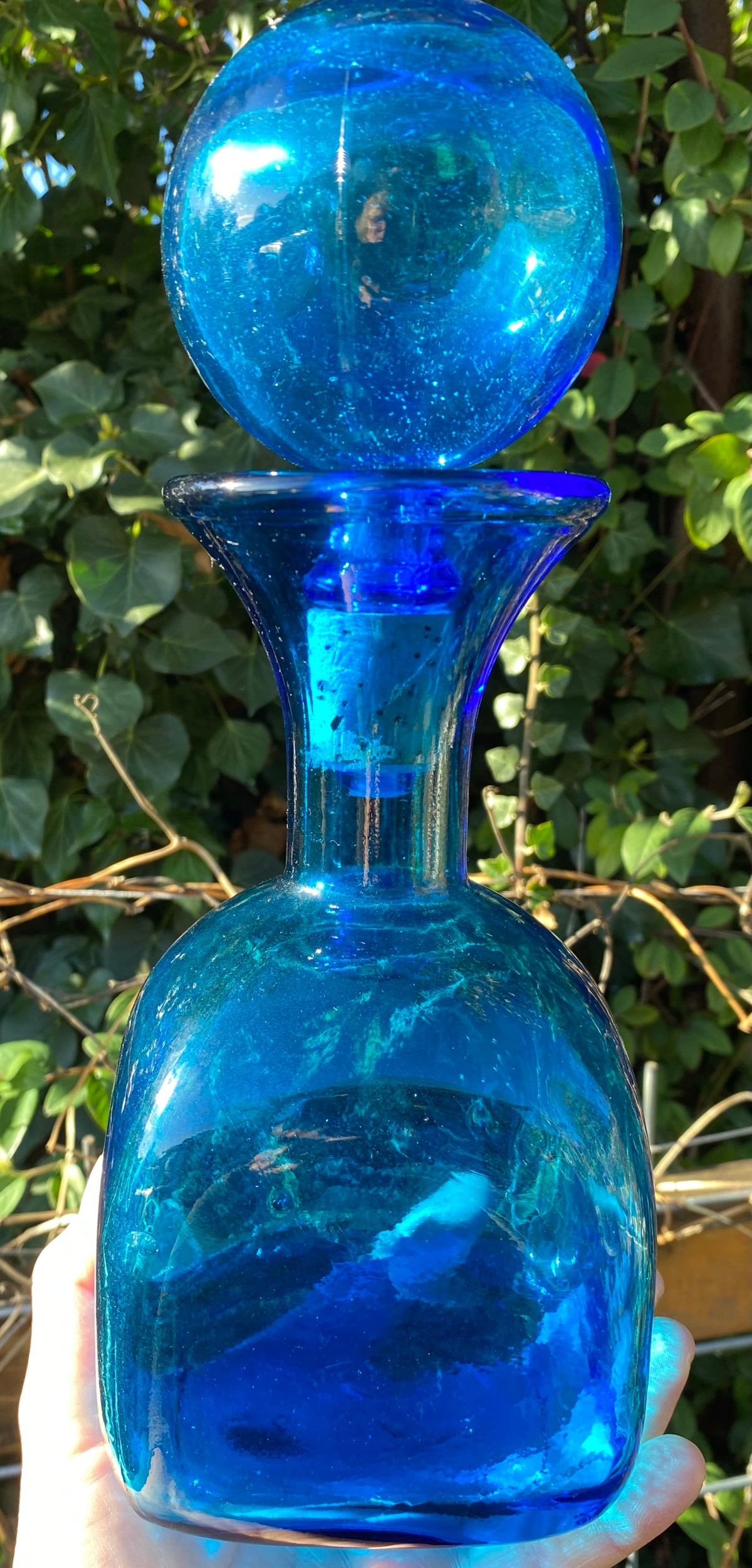 BLUE Vintage Mid-Century Empoli Italian Glass Decanter with Ball Stopper