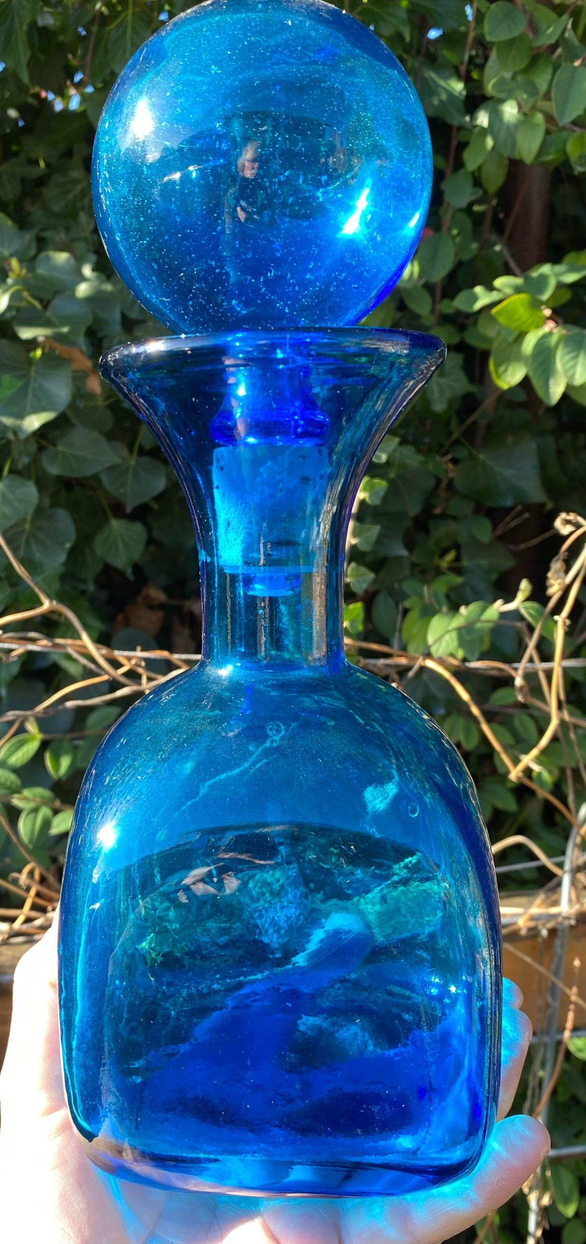 BLUE Vintage Mid-Century Empoli Italian Glass Decanter with Ball Stopper
