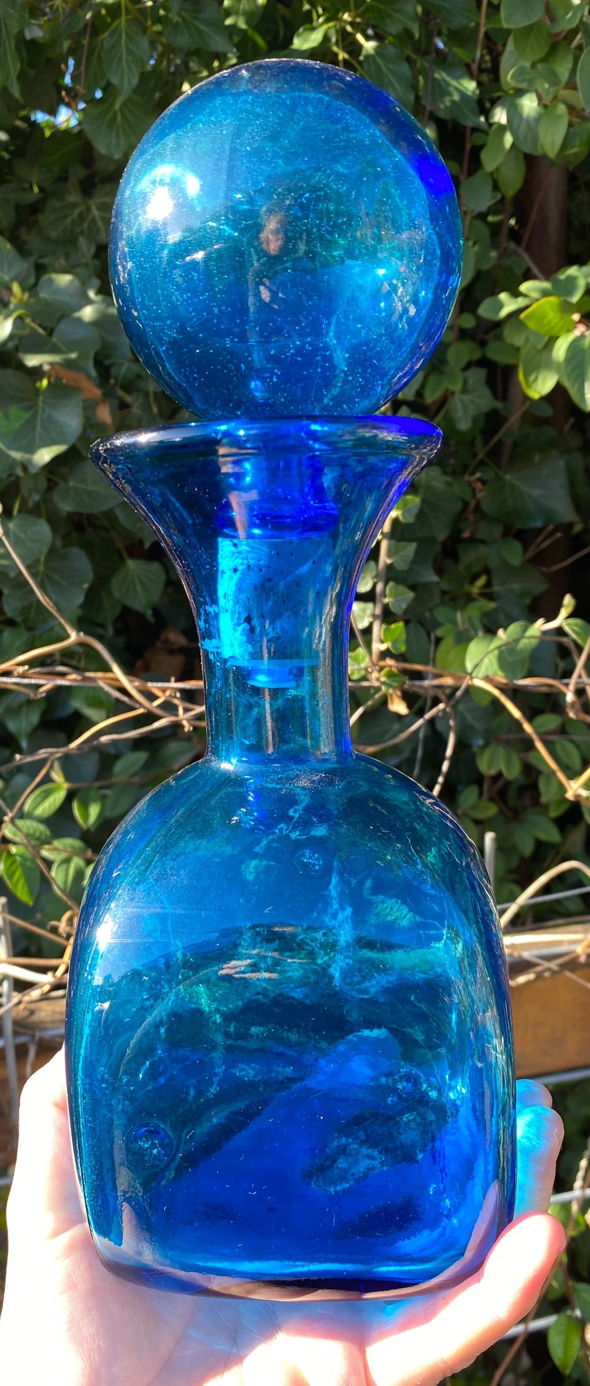 BLUE Vintage Mid-Century Empoli Italian Glass Decanter with Ball Stopper