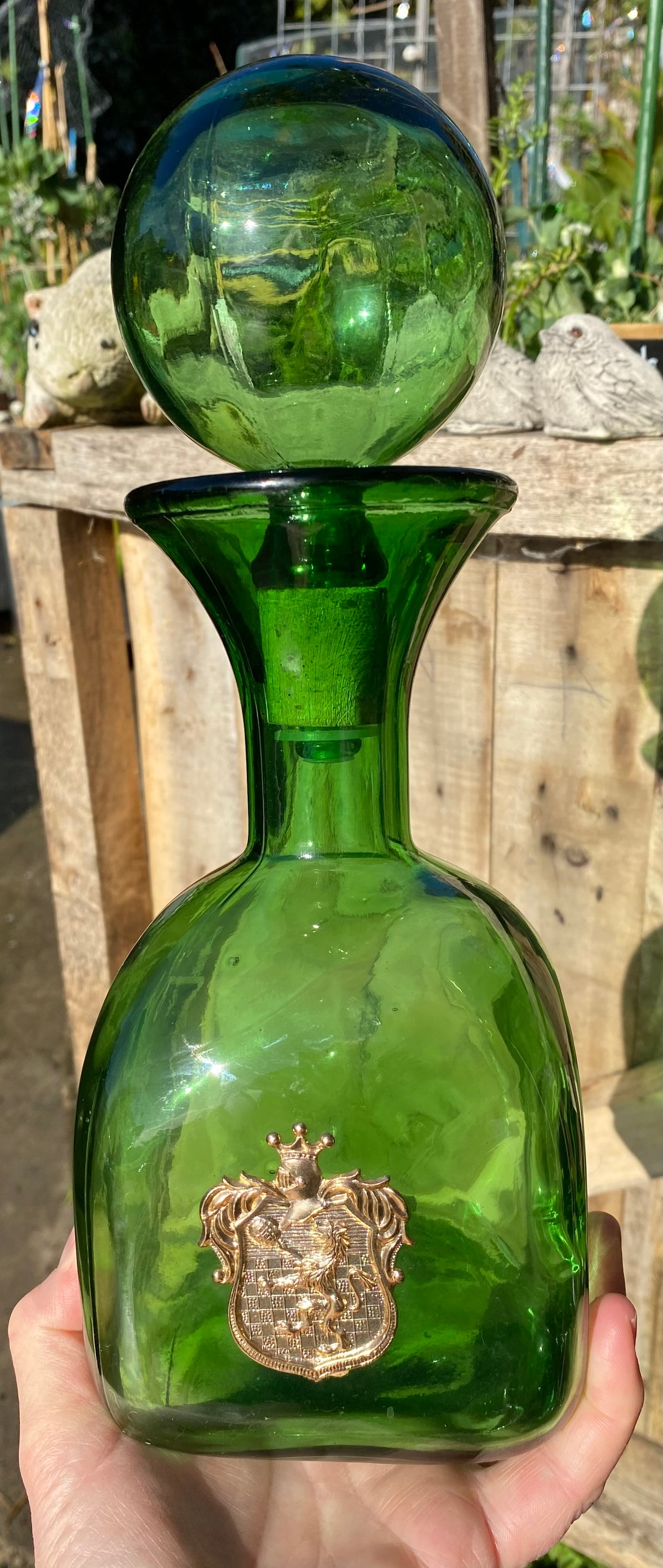 GREEN Vintage Mid-Century Italian Empoli Glass Decanter with Ball Stopper