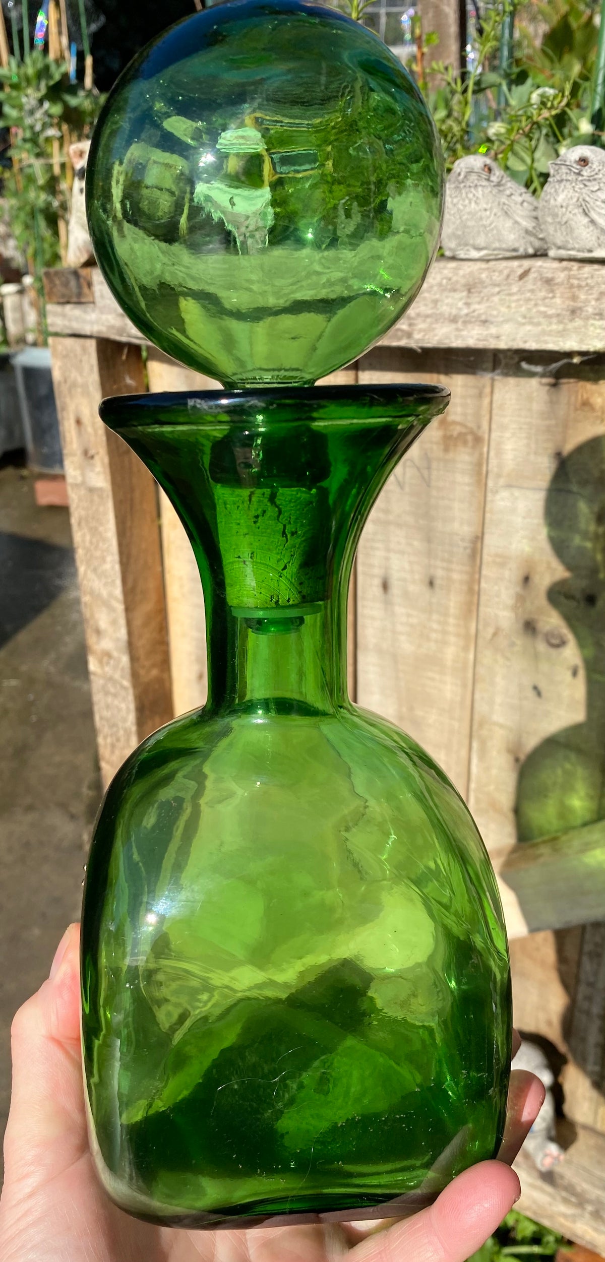 GREEN Vintage Mid-Century Italian Empoli Glass Decanter with Ball Stopper