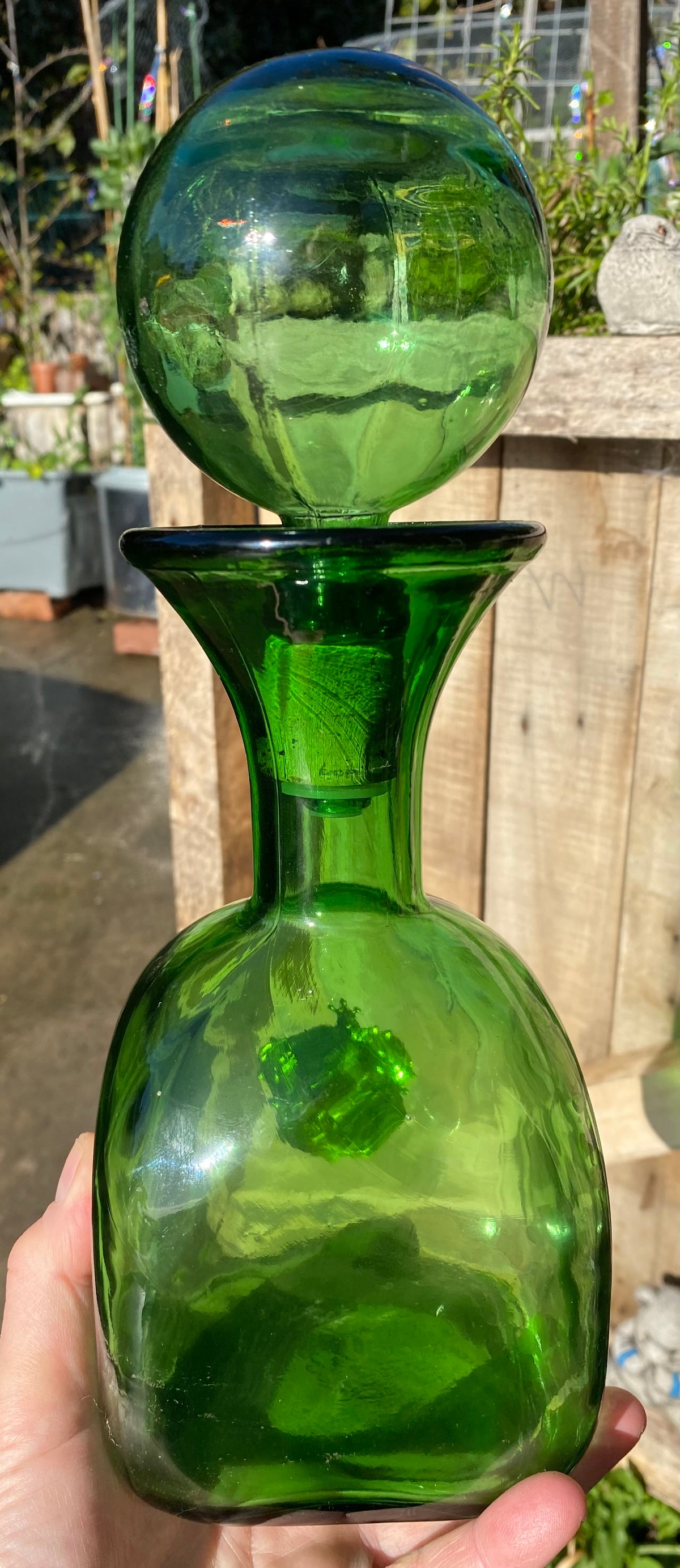 GREEN Vintage Mid-Century Italian Empoli Glass Decanter with Ball Stopper