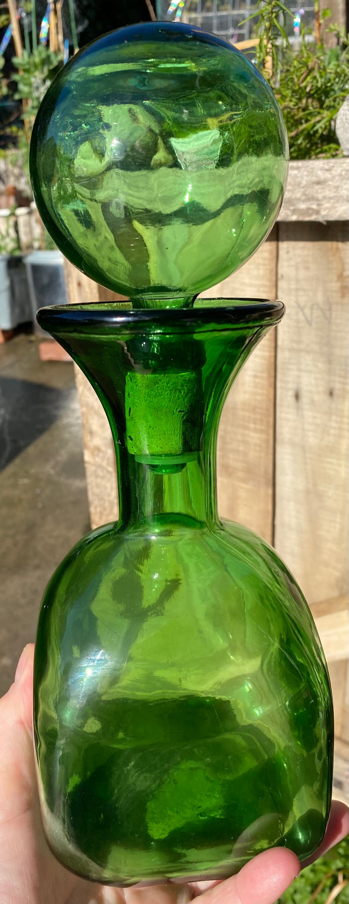 GREEN Vintage Mid-Century Italian Empoli Glass Decanter with Ball Stopper