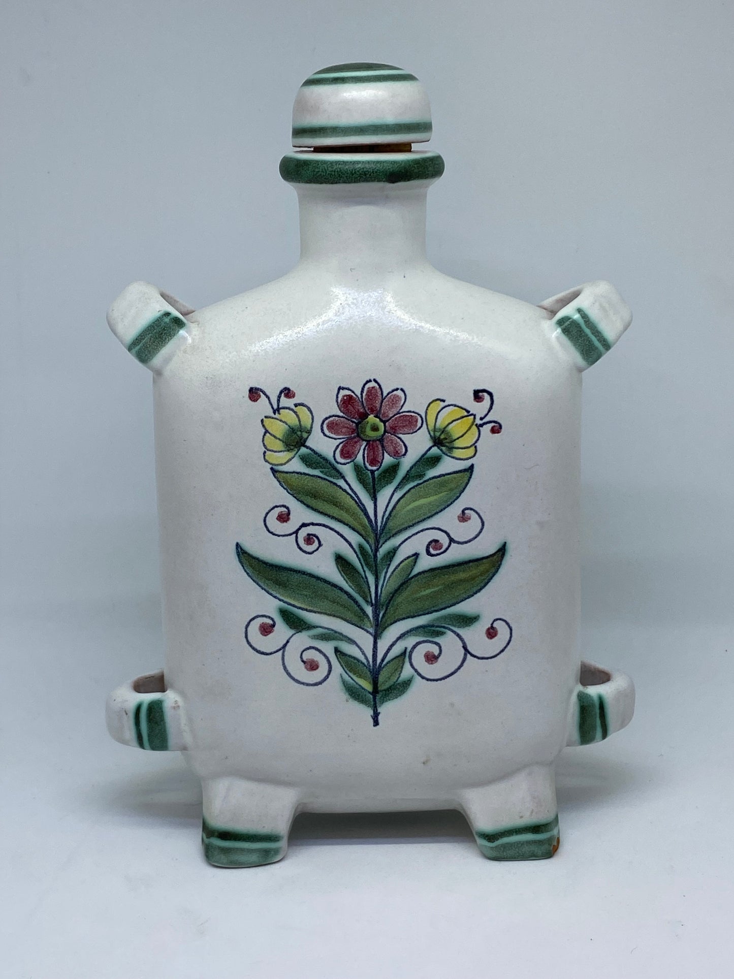 Hollohaza Hungary Hand Painted Ceramic Flask  Vintage - Red Ware Jug