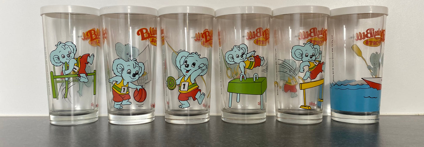 Blinky Bill Koala set of 6 Olympic sports drinking glasses with original lids