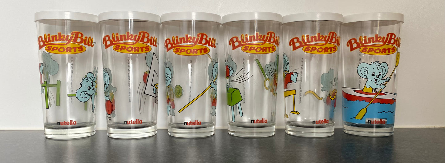 Blinky Bill Koala set of 6 Olympic sports drinking glasses with original lids