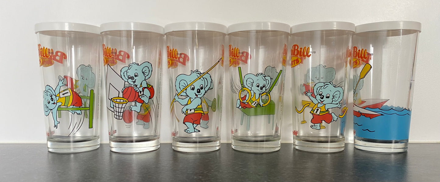 Blinky Bill Koala set of 6 Olympic sports drinking glasses with original lids