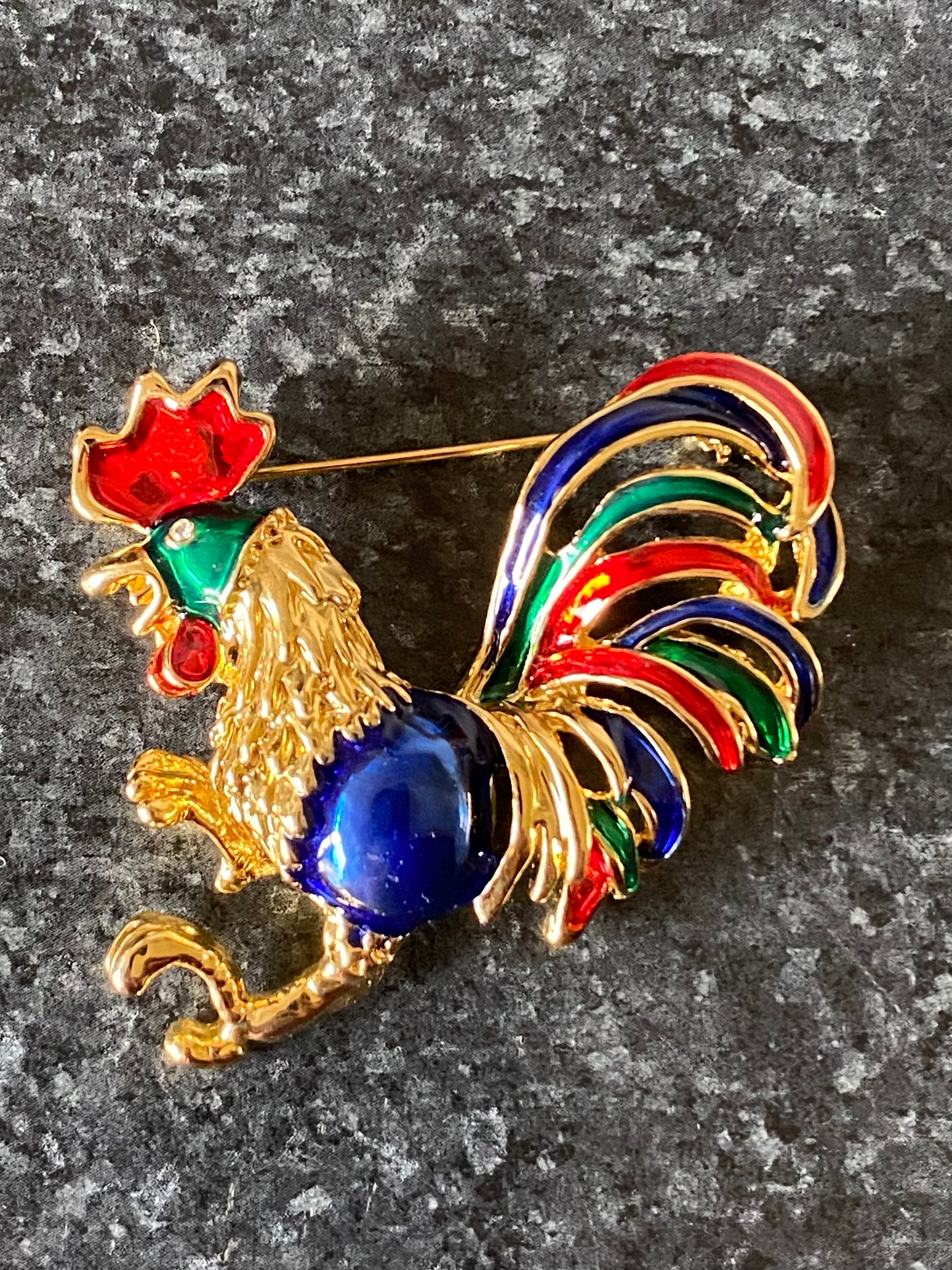 1980s USA Gold Plated Enamelled Coq Rooster Brooch