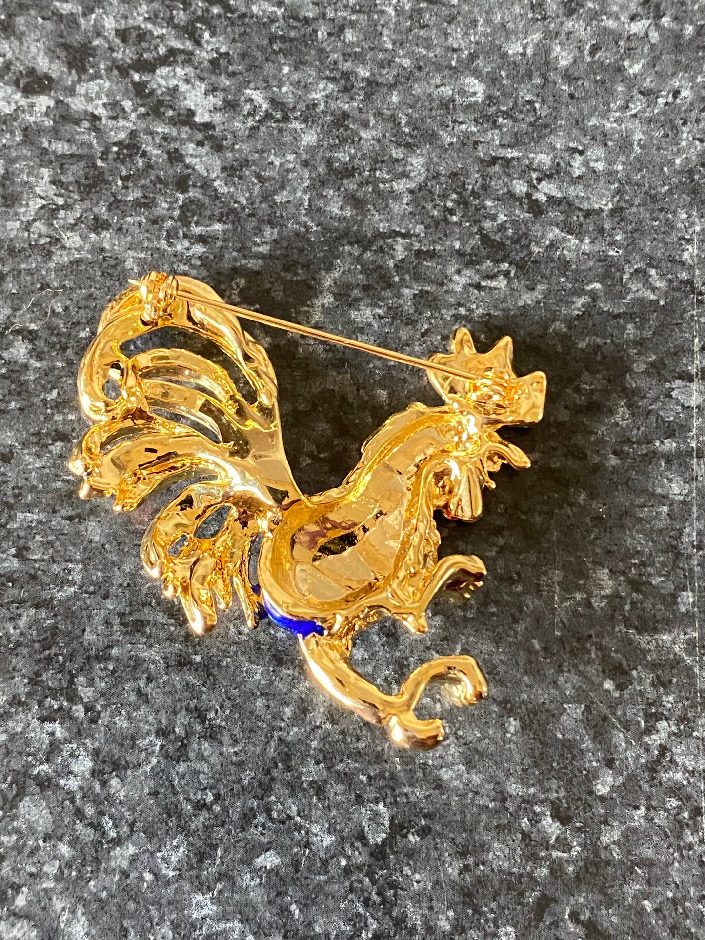 1980s USA Gold Plated Enamelled Coq Rooster Brooch