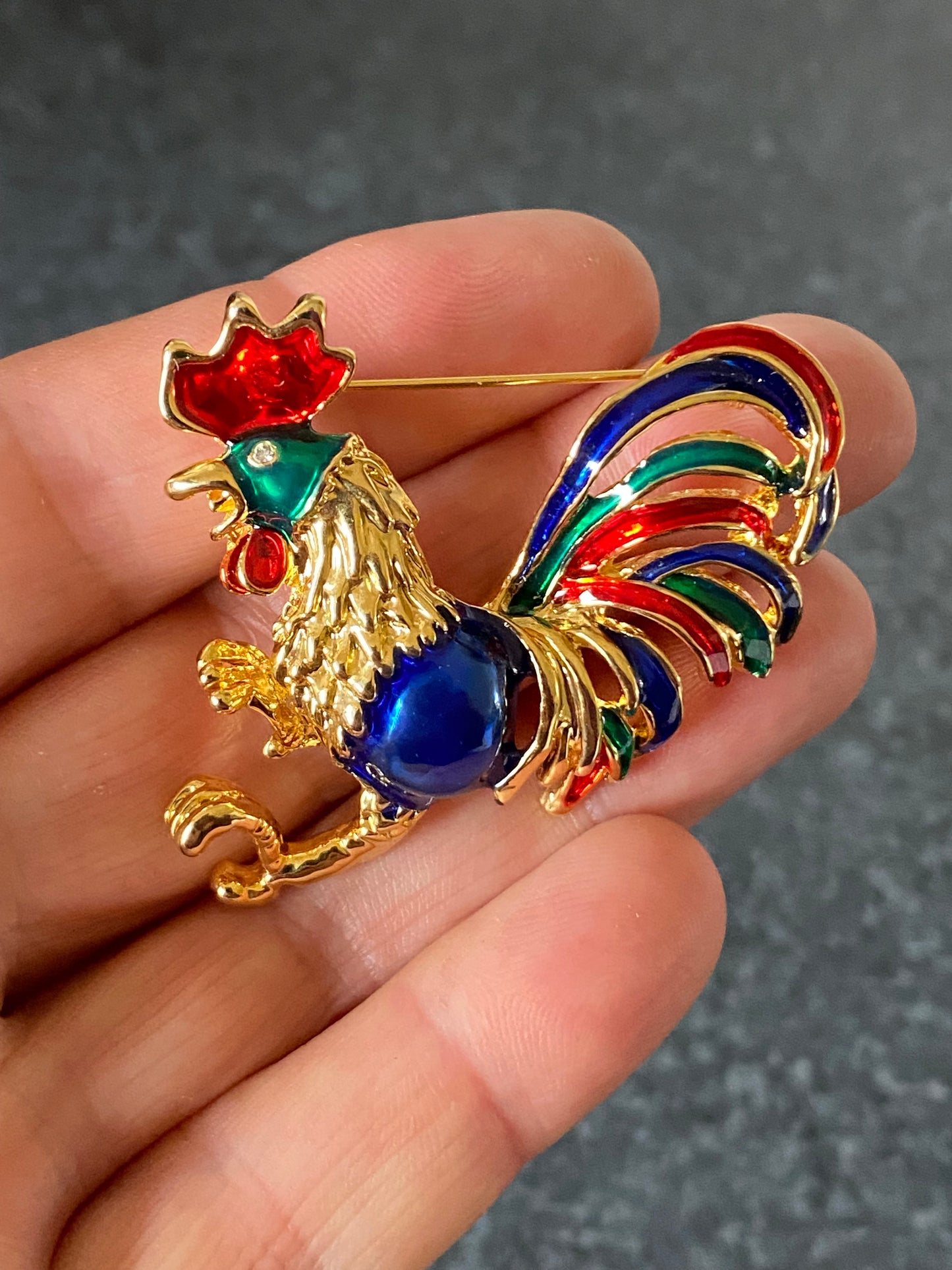 1980s USA Gold Plated Enamelled Coq Rooster Brooch