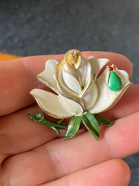 1960s Mamselle (USA) White Enamel Rose with bug Brooch - signed