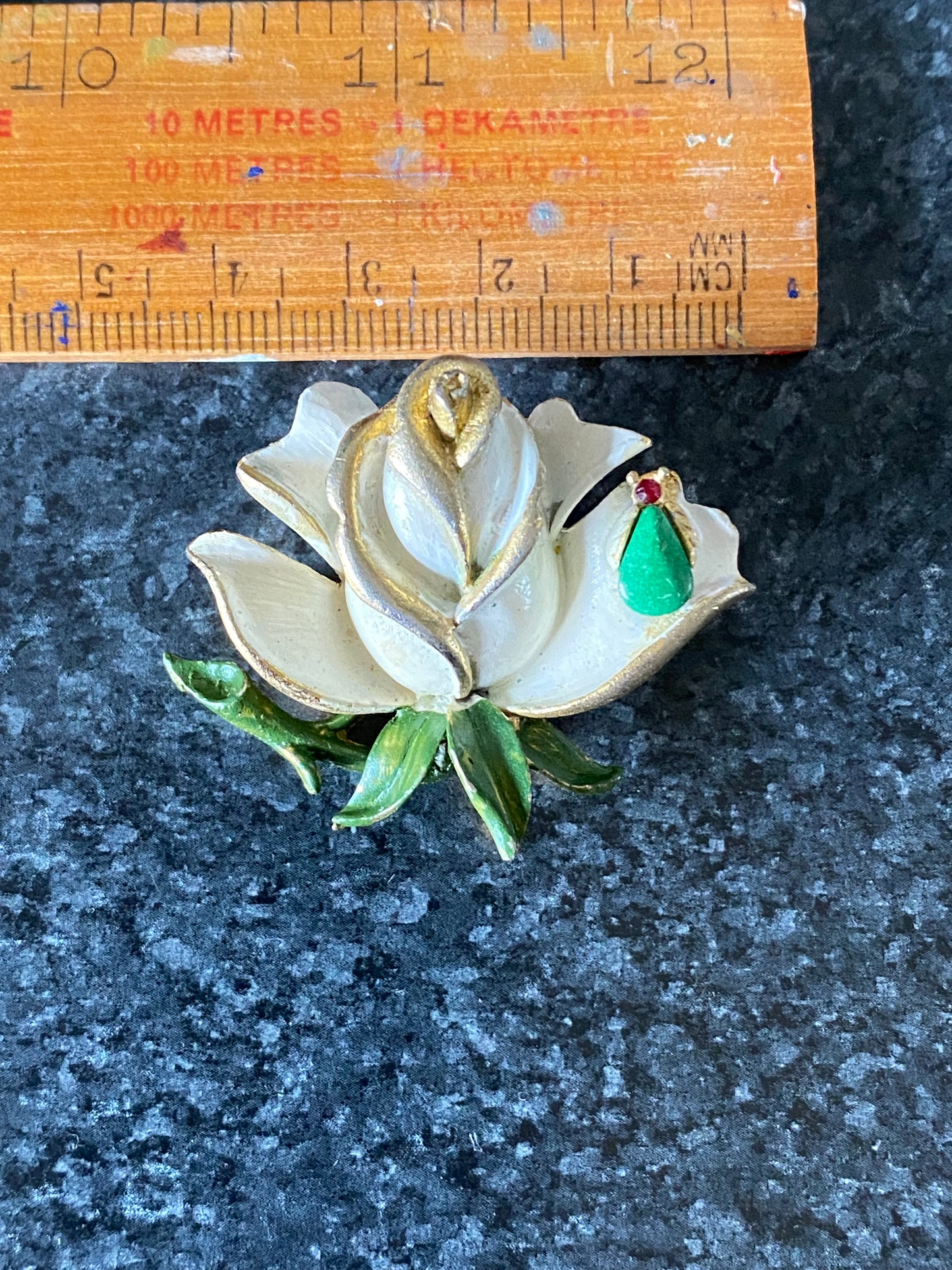 1960s Mamselle (USA) White Enamel Rose with bug Brooch - signed