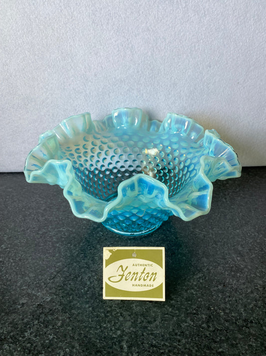 Beautiful Fenton blue opalescent hobnail bowl with original card with uranium base