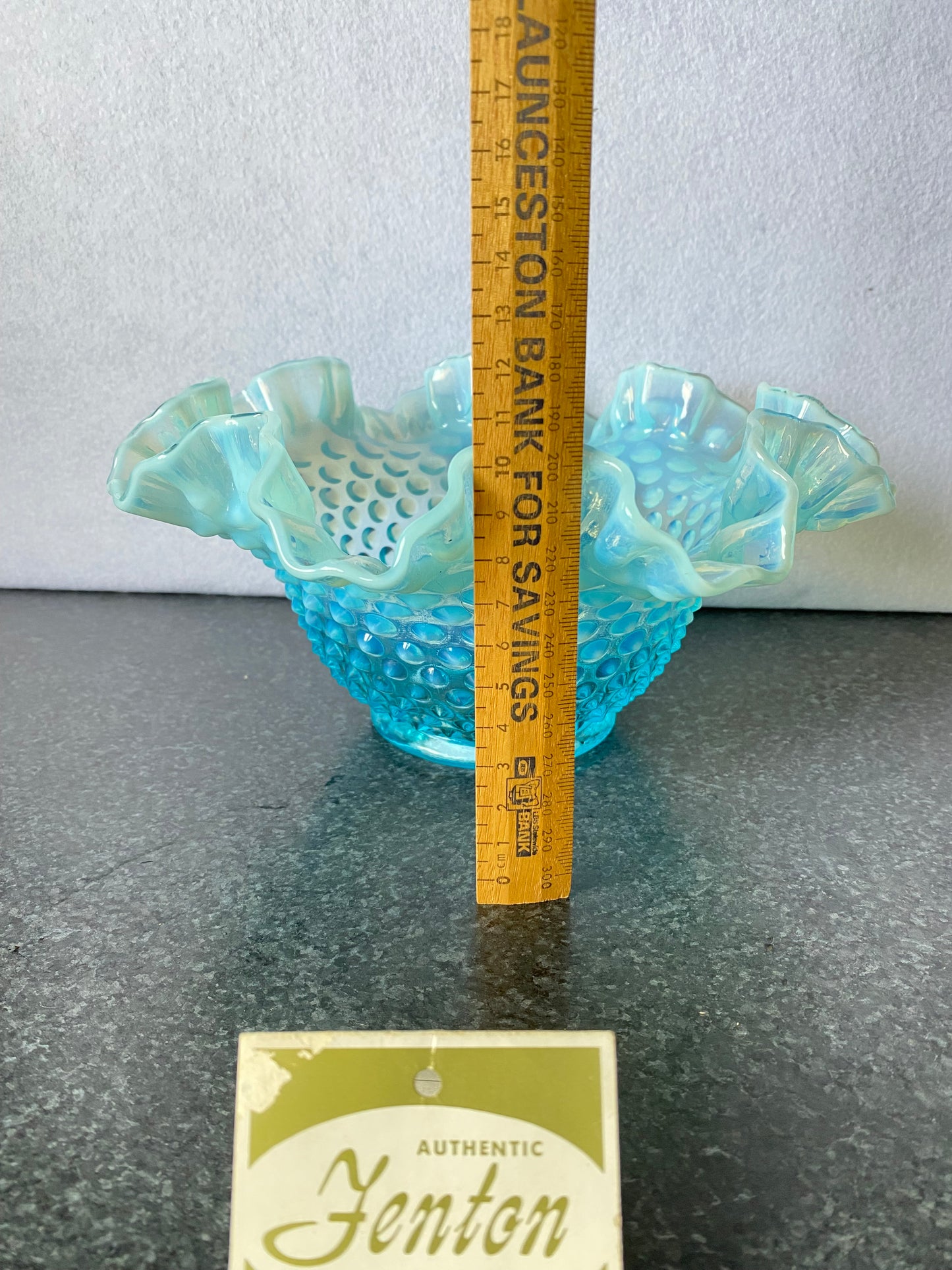 Beautiful Fenton blue opalescent hobnail bowl with original card with uranium base