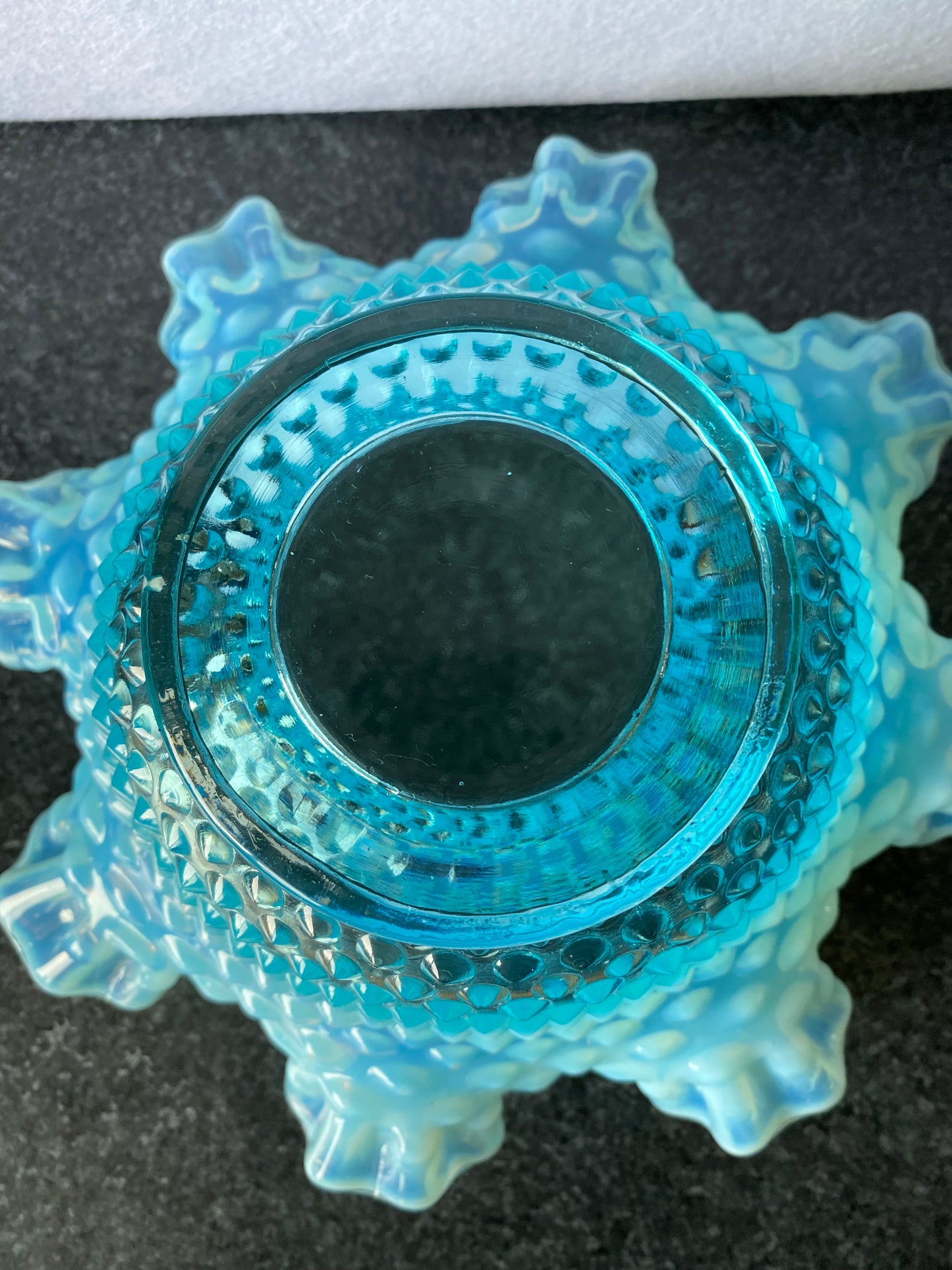 Beautiful Fenton blue opalescent hobnail bowl with original card with uranium base