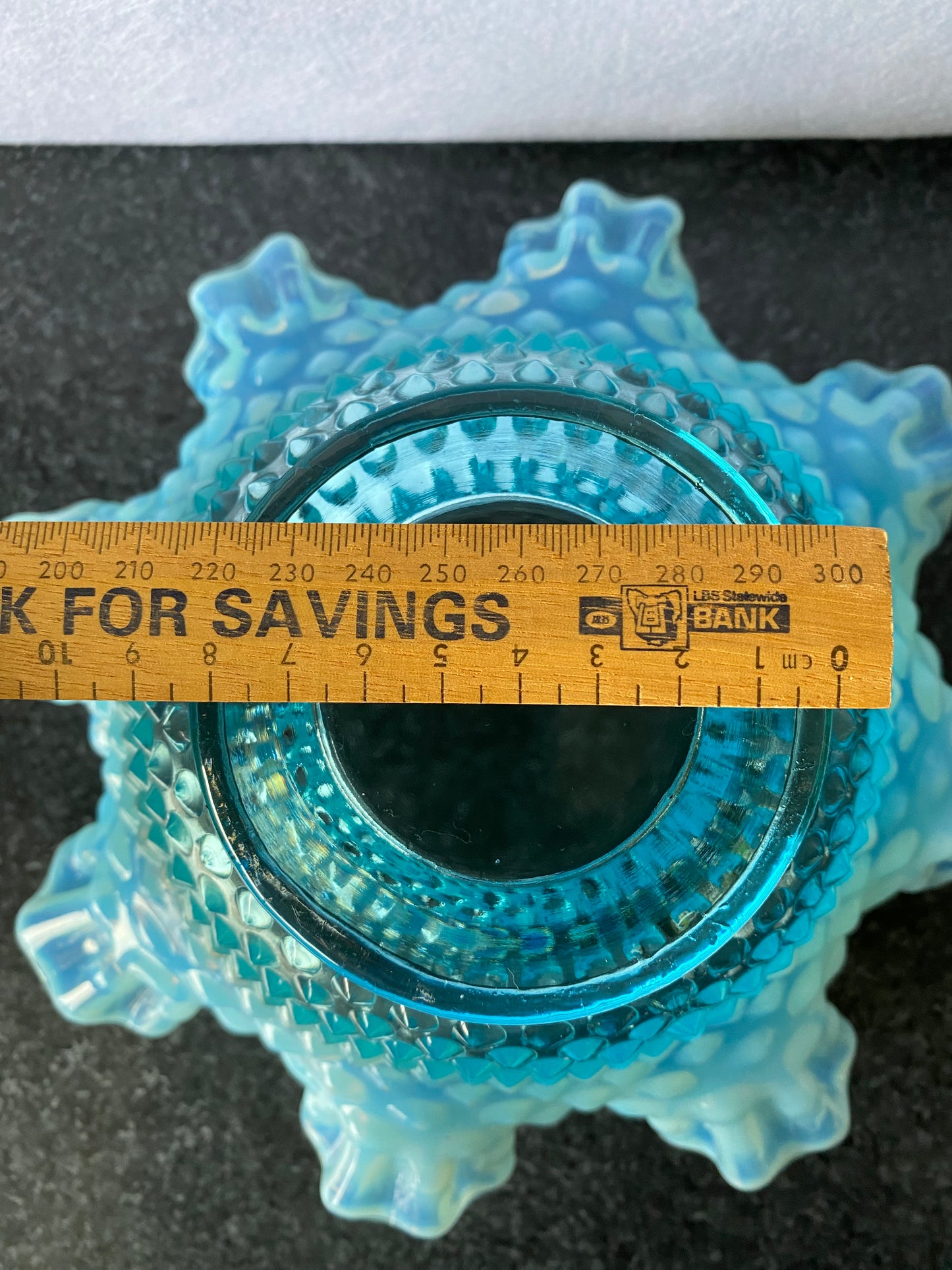 Beautiful Fenton blue opalescent hobnail bowl with original card with uranium base