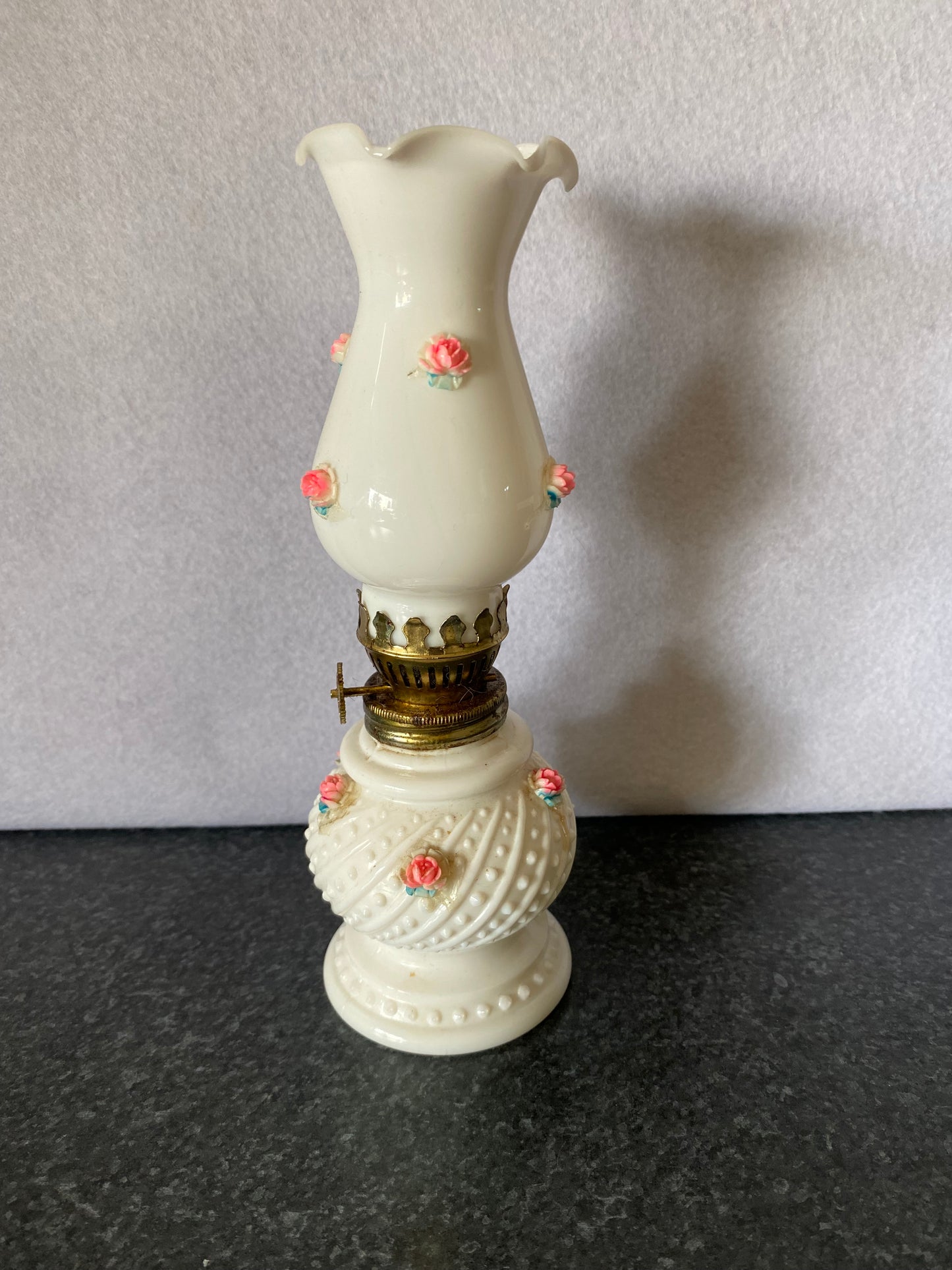 Vintage glowing floral oil Lamp White Milk Glass - 20cm tall