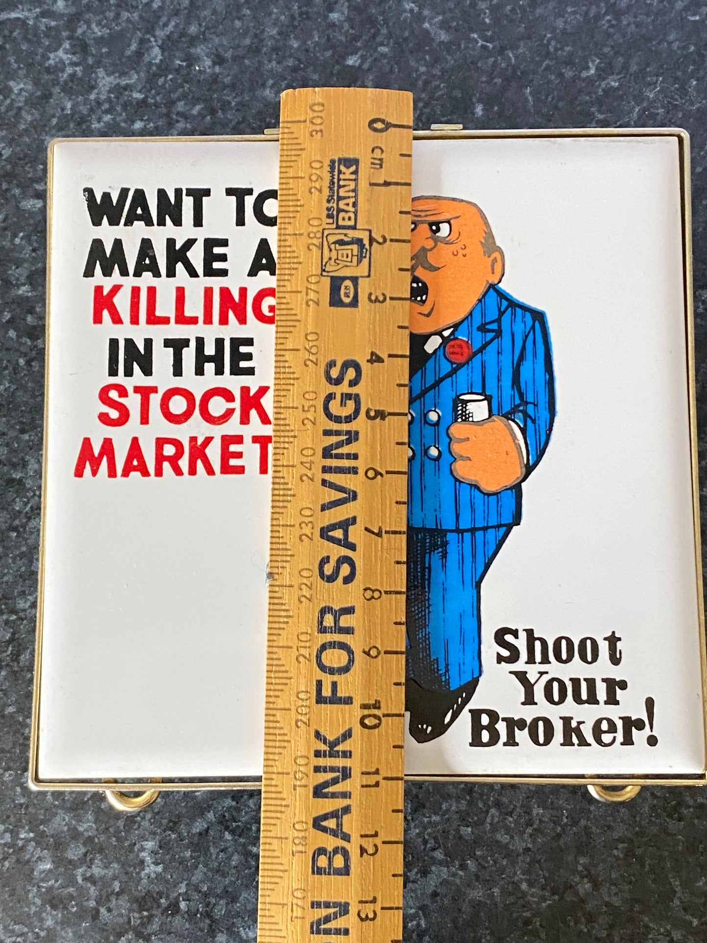 1960s satirical humour trivet- Wall Street - "Want to Make a Killing in the Stock Market?"