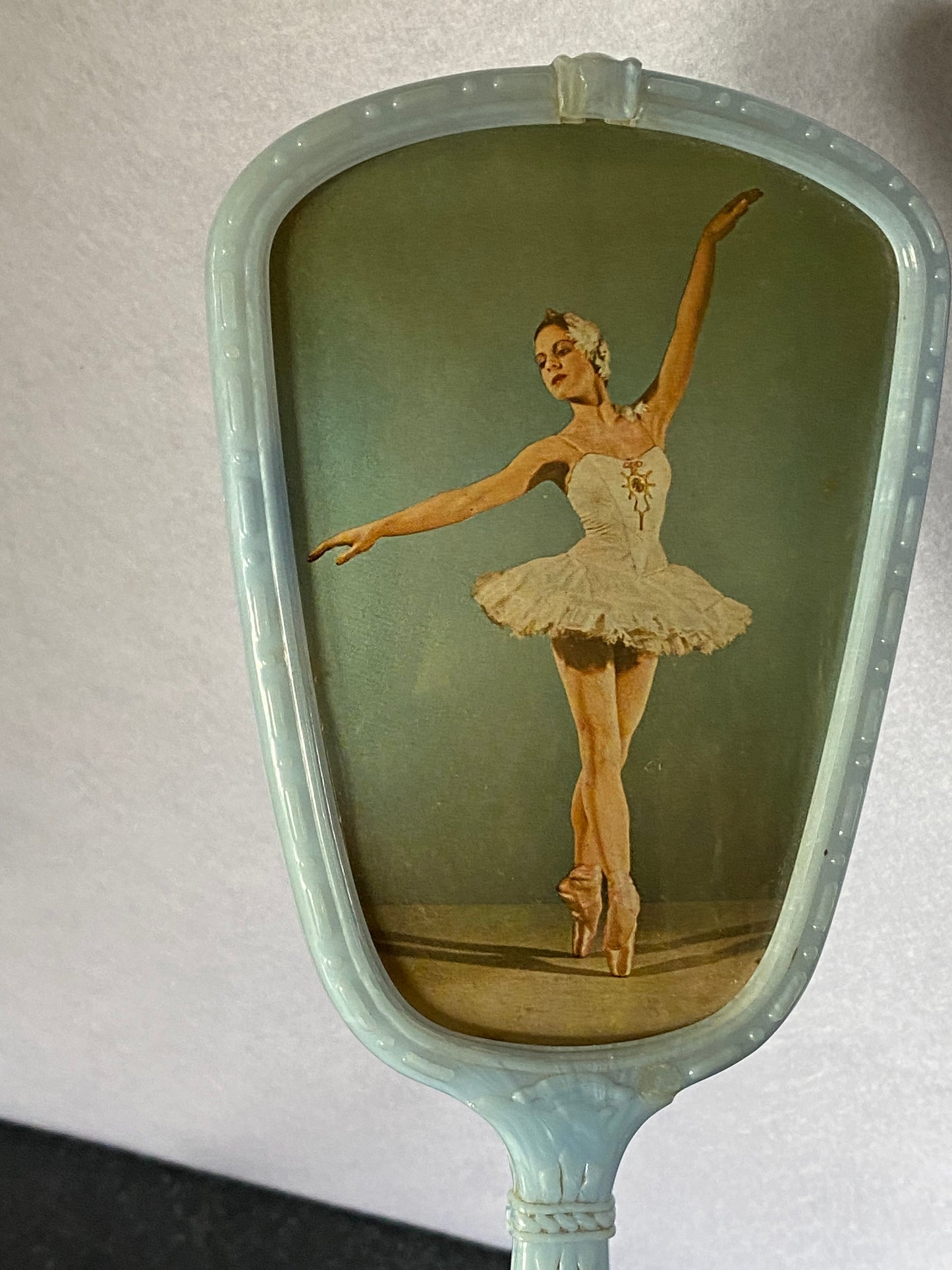 Vintage Ballerina from Swan Lake:  Blue Bakelite/Celluloid Hand mirror