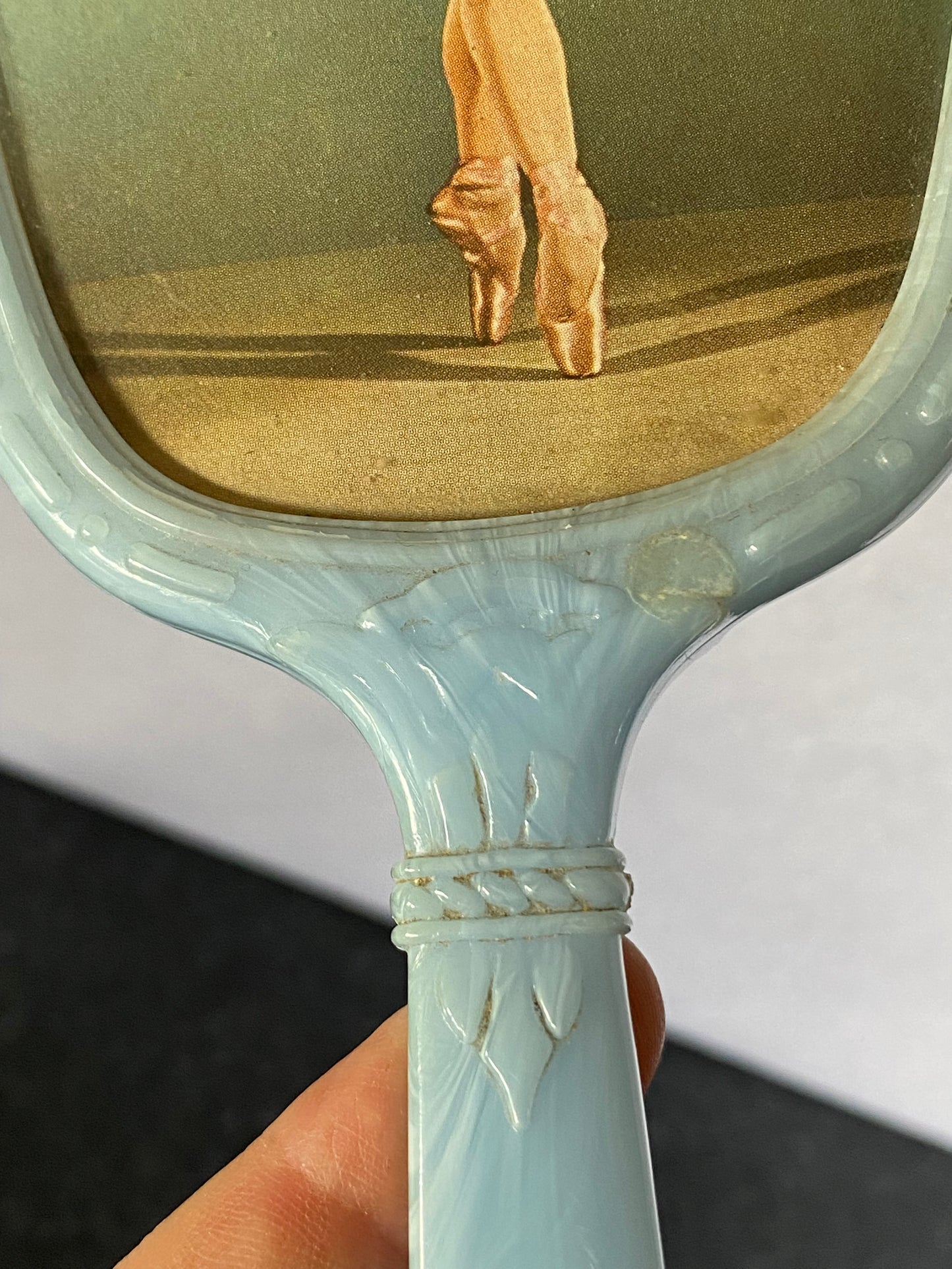 Vintage Ballerina from Swan Lake:  Blue Bakelite/Celluloid Hand mirror
