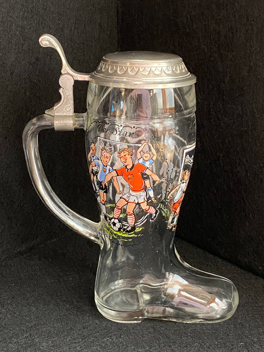 BMF(N) West German Collectable Kitschy Glass beer stein - 1950s soccer motif