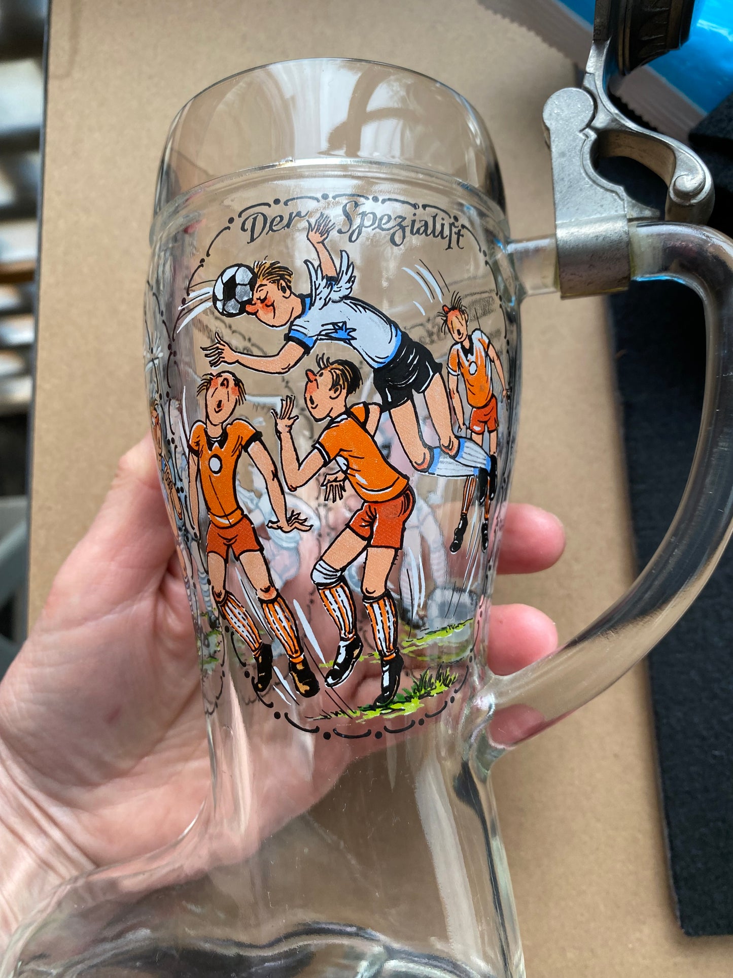 BMF(N) West German Collectable Kitschy Glass beer stein - 1950s soccer motif