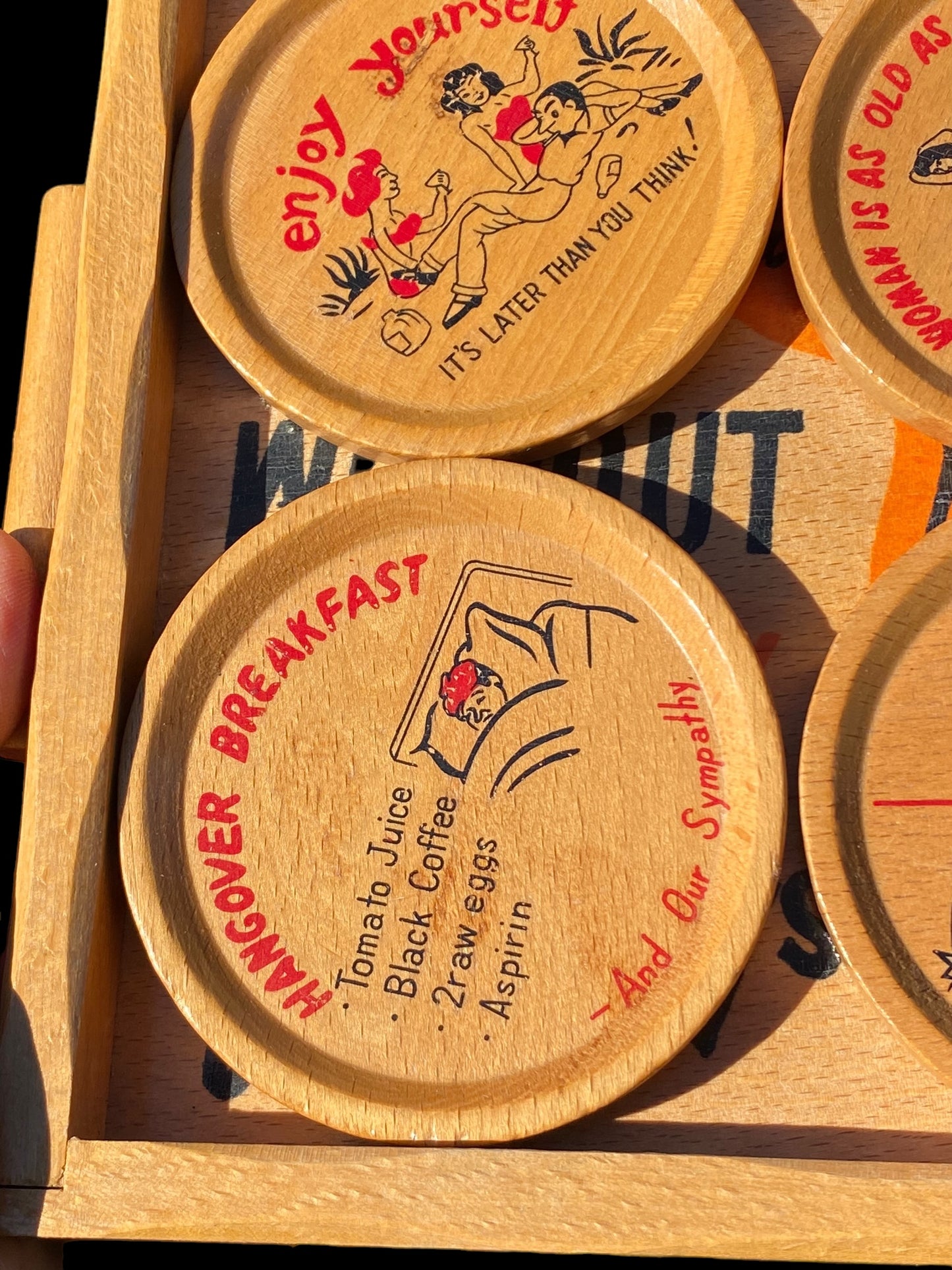 Quirky Vintage 1950s Japanese wooden drinks tray with coasters - A camel can go without a drink...