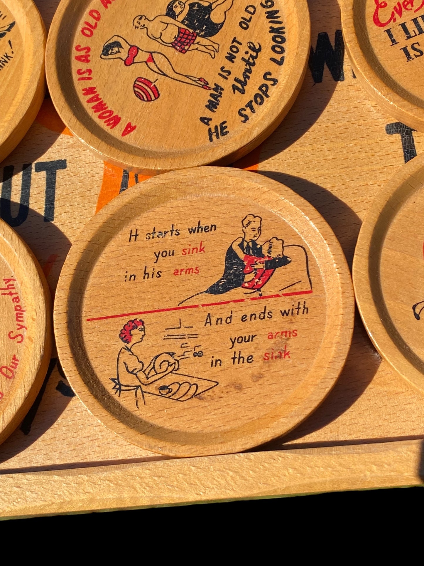 Quirky Vintage 1950s Japanese wooden drinks tray with coasters - A camel can go without a drink...