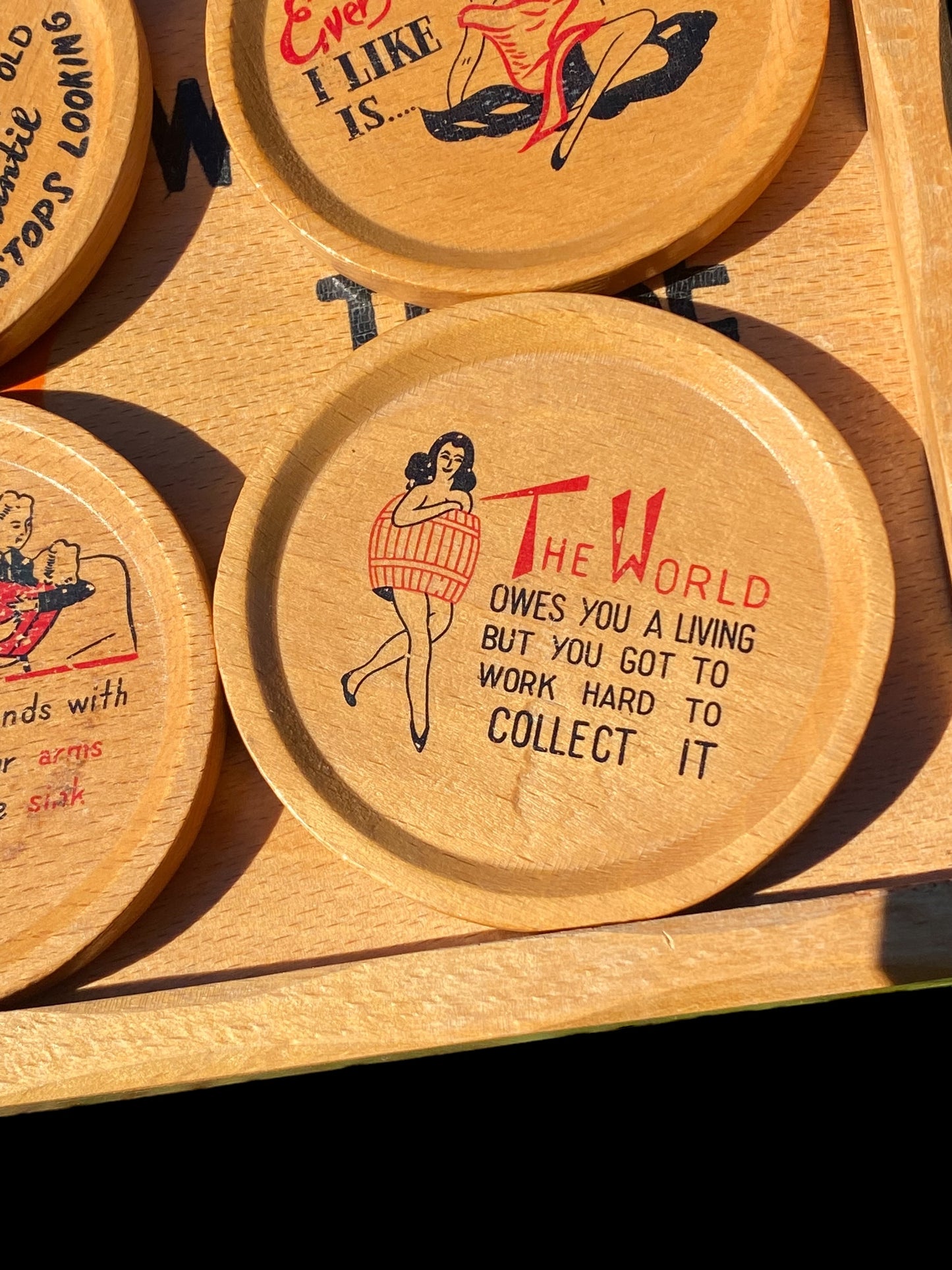 Quirky Vintage 1950s Japanese wooden drinks tray with coasters - A camel can go without a drink...